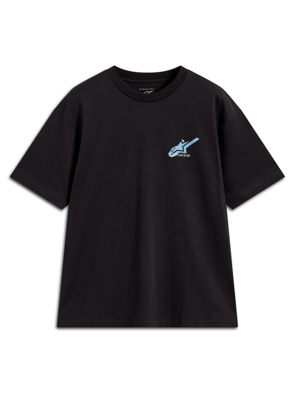 Alpinestars Ghost Oversized CSF Tee, t-shirt noir à manches courtes, logo bleu clair sur la poitrine, style sportswear.