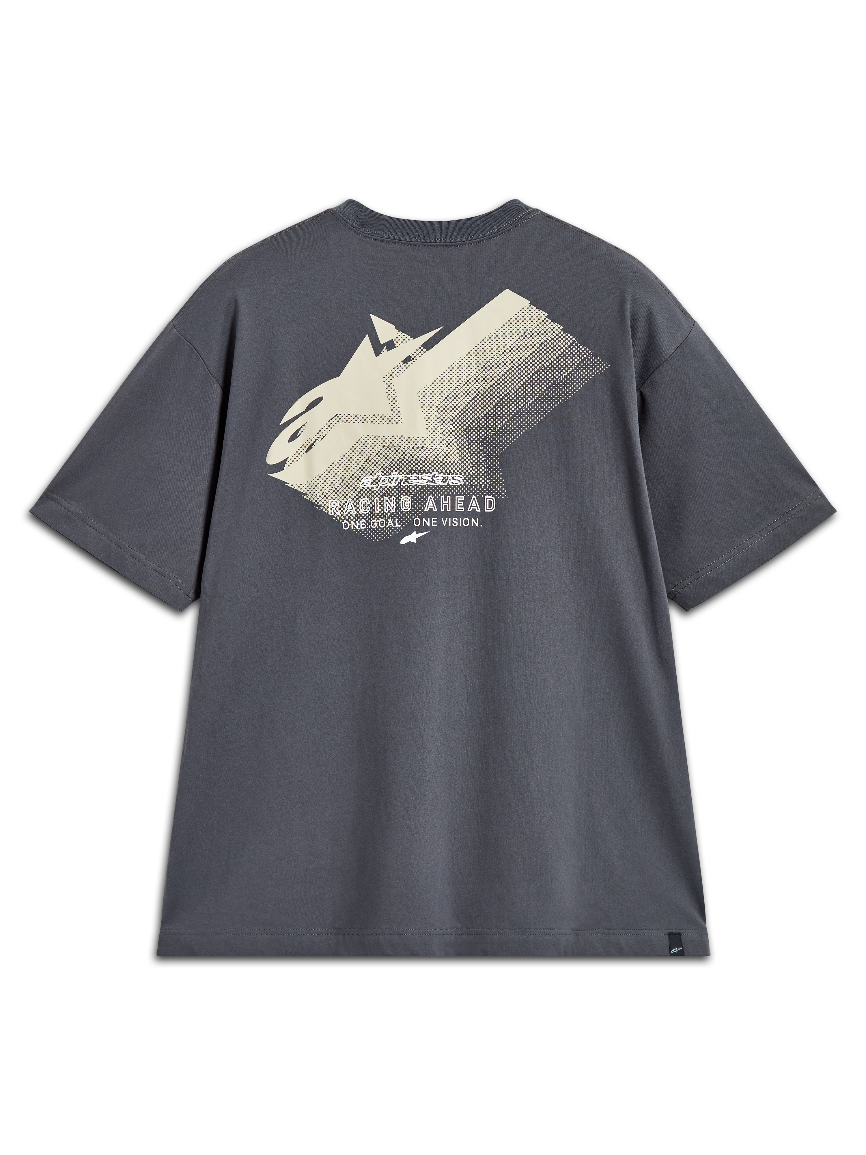 Alpinestars Ghost Oversized CSF Tee, t-shirt gris anthracite, vue de dos avec logo dégradé blanc cassé et texte Racing Ahead.