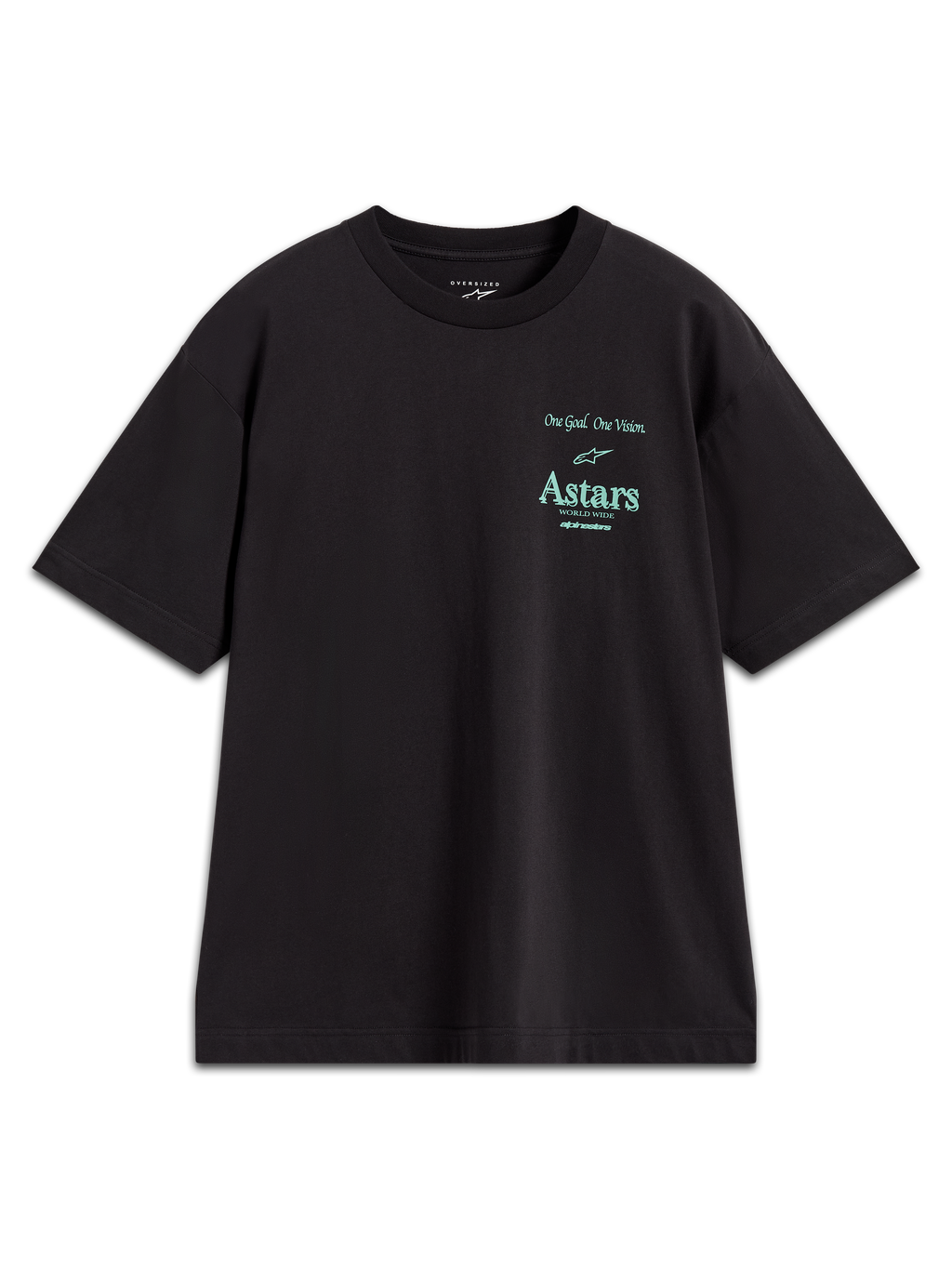 Alpinestars Post Oversized CSF Tee, t-shirt à manches courtes noir, logo Astars et slogan One Goal One Vision bleu sarcelle, coupe oversized décontractée, style sportswear