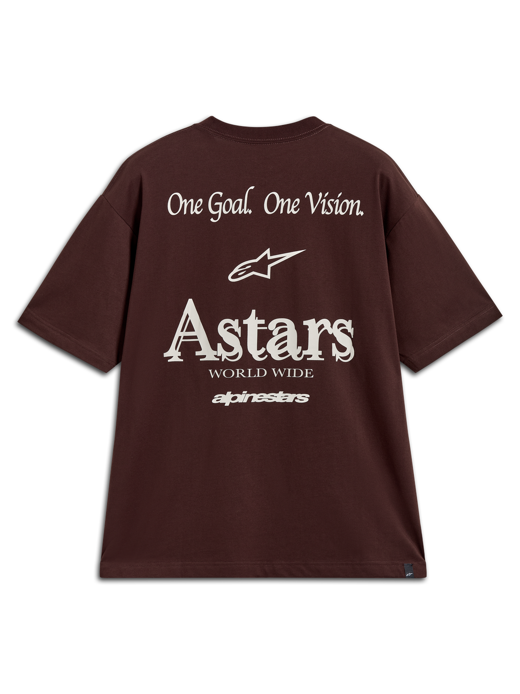 Alpinestars Post Oversized CSF Tee, dark brown short sleeve sportswear t-shirt with white Astars logo and One Goal One Vision back graphics.