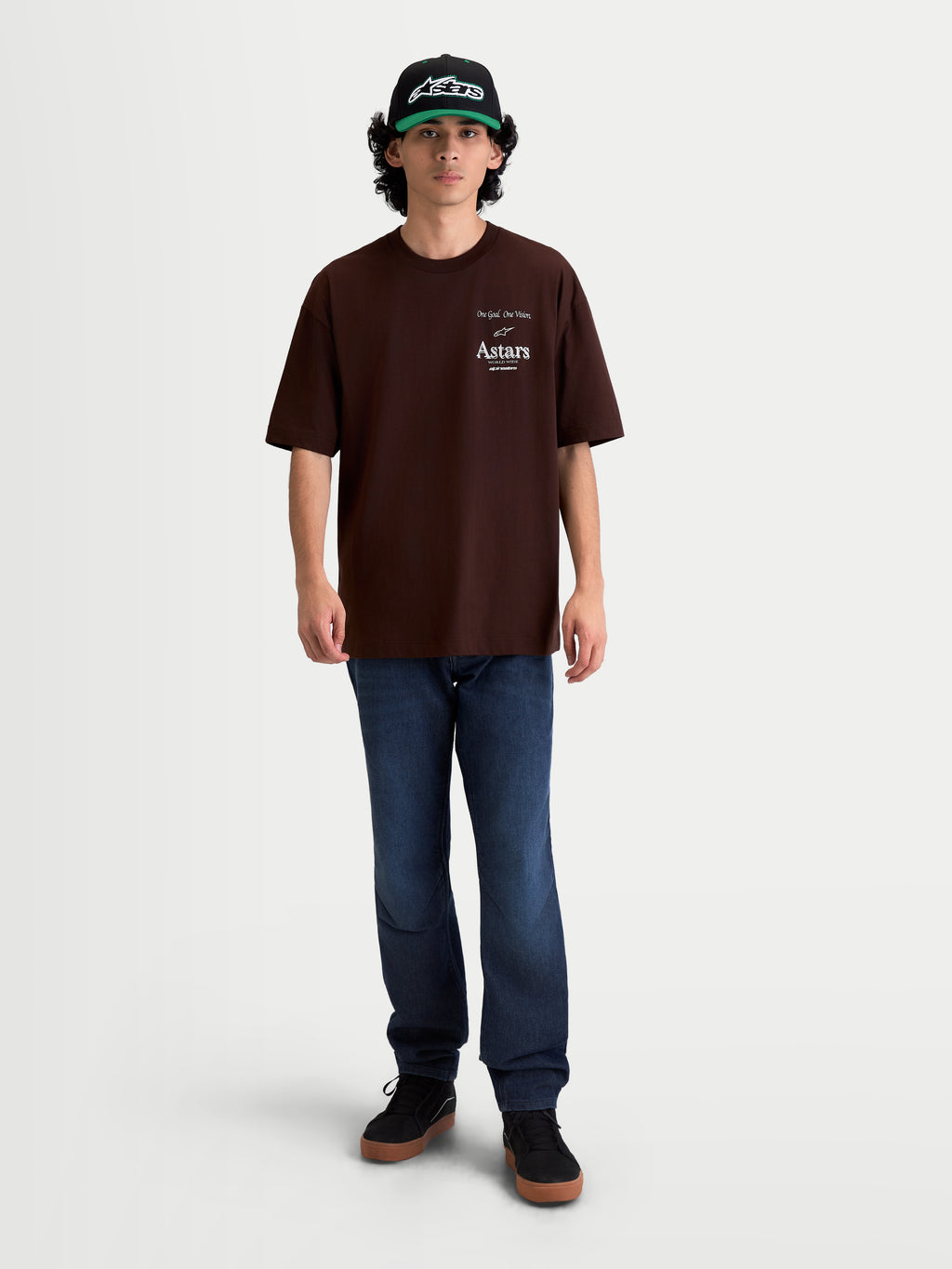 Alpinestars Post Oversized CSF Tee, Men's Sportswear Short Sleeve T-Shirt, Brown with White Astars Logo Graphic, Relaxed Oversized Fit, Cotton-Polyester Blend, On-Model Front View