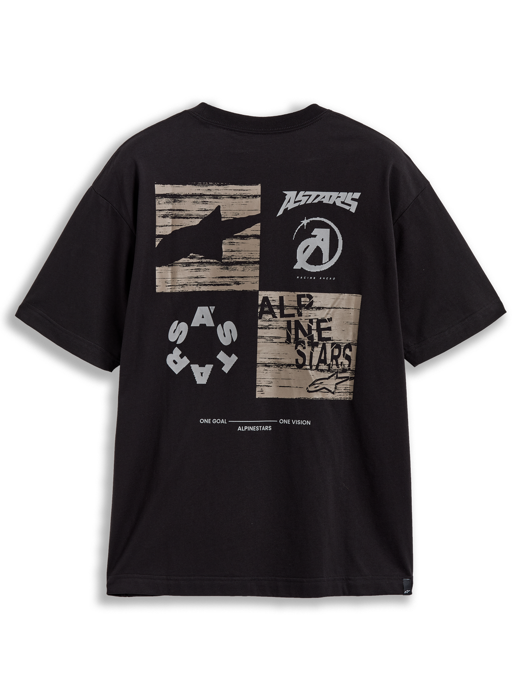 Alpinestars Checkback Oversized CSF Tee, zwart t-shirt met korte mouwen, checkergrafiek en manifesto op de rug.