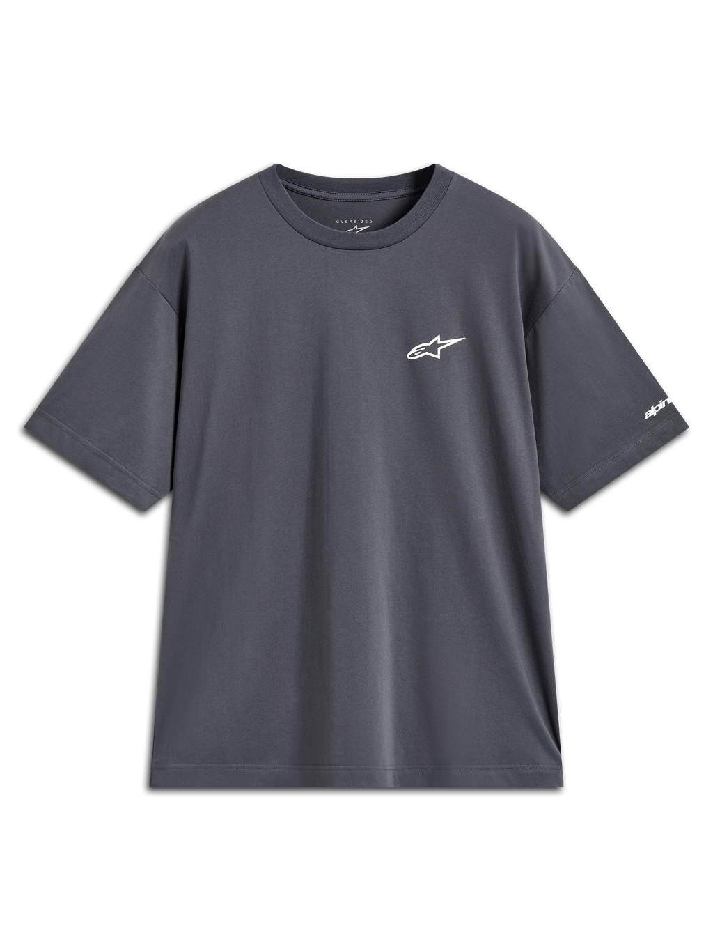 Alpinestars Mandate Oversized CSF Tee, t-shirt à manches courtes gris anthracite avec logo blanc et graphique sur la manche.