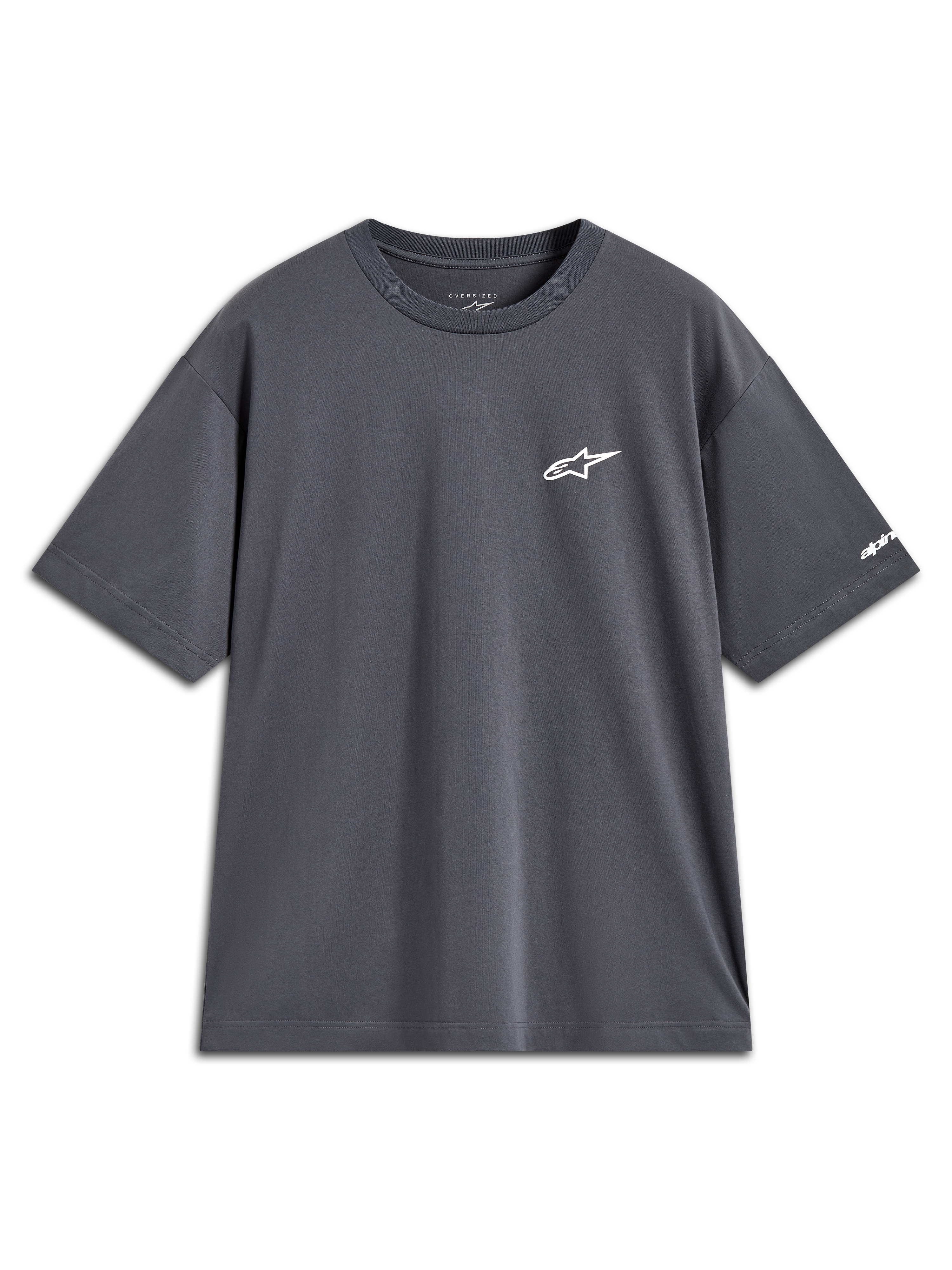 Alpinestars Mandate Oversized CSF Tee, t-shirt à manches courtes gris anthracite avec logo blanc et graphique sur la manche.