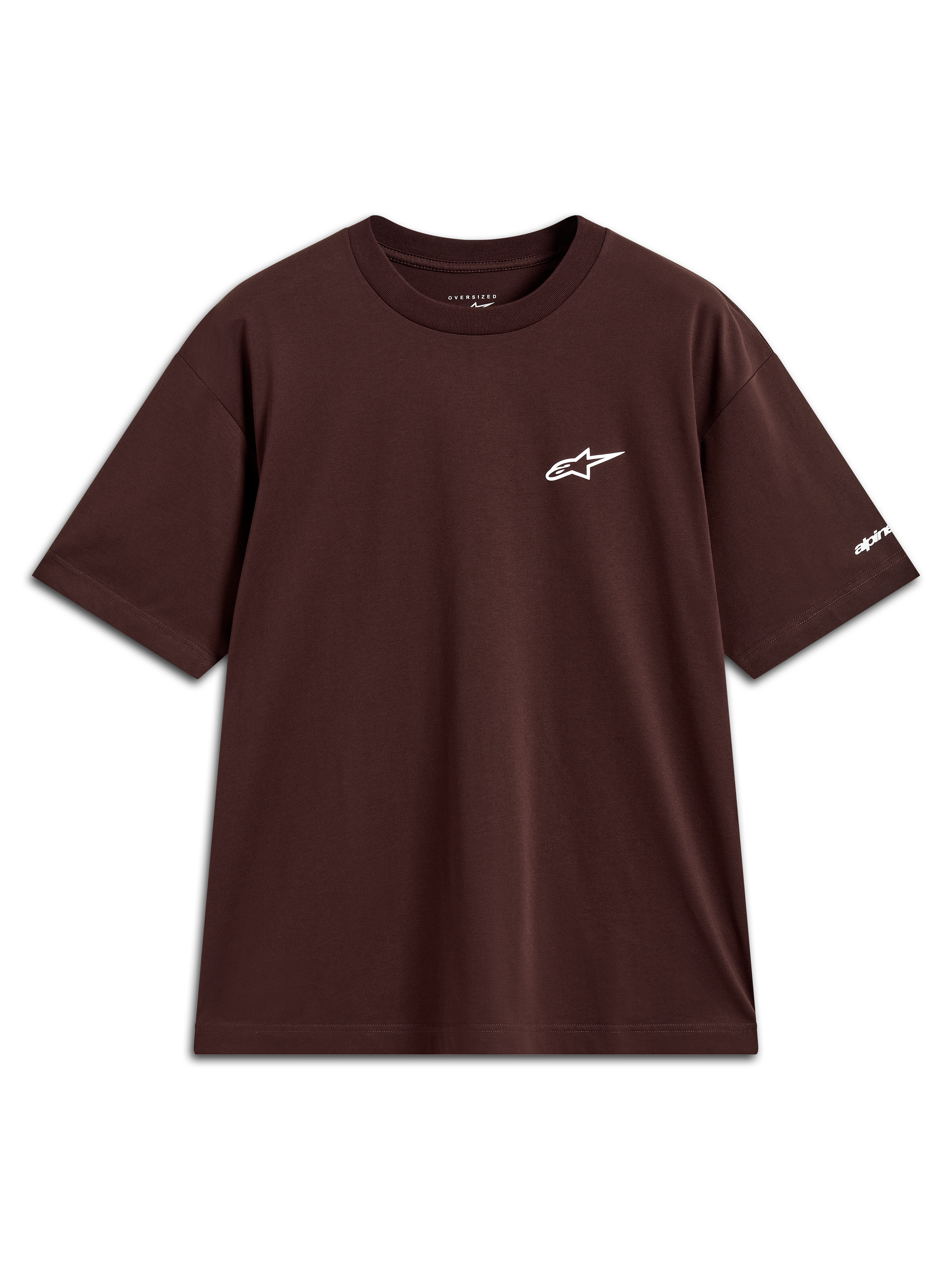 Alpinestars Mandate Oversized CSF T-shirt, bruin lifestyle sportswear shirt met korte mouwen, wit Astars-logo puff print op de borst en merknaam op de mouw, oversized pasvorm.