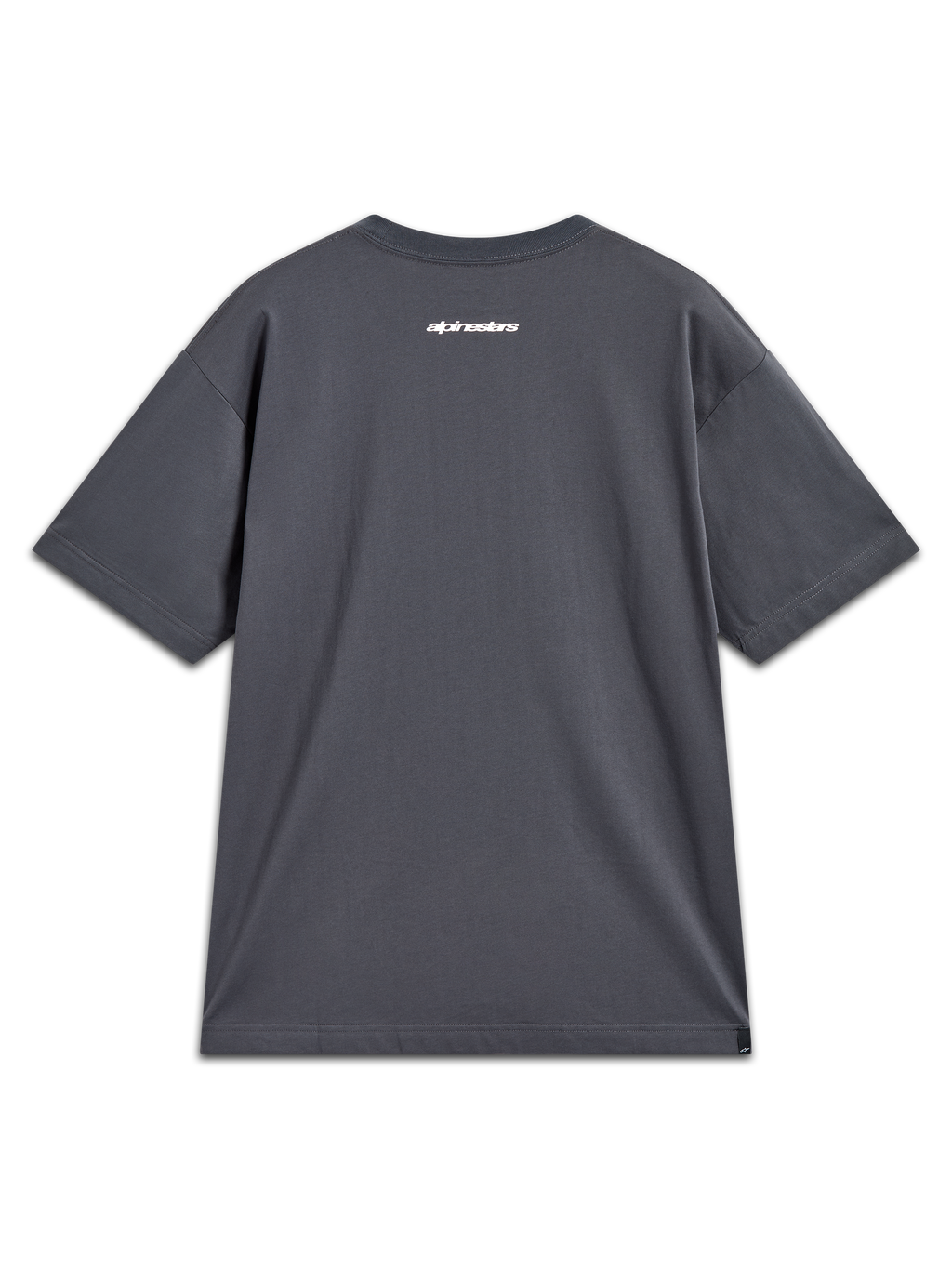 Alpinestars Prelude Oversized CSF Tee, grijs sport-T-shirt met korte mouwen en wit woordlogo op de achterzijde.