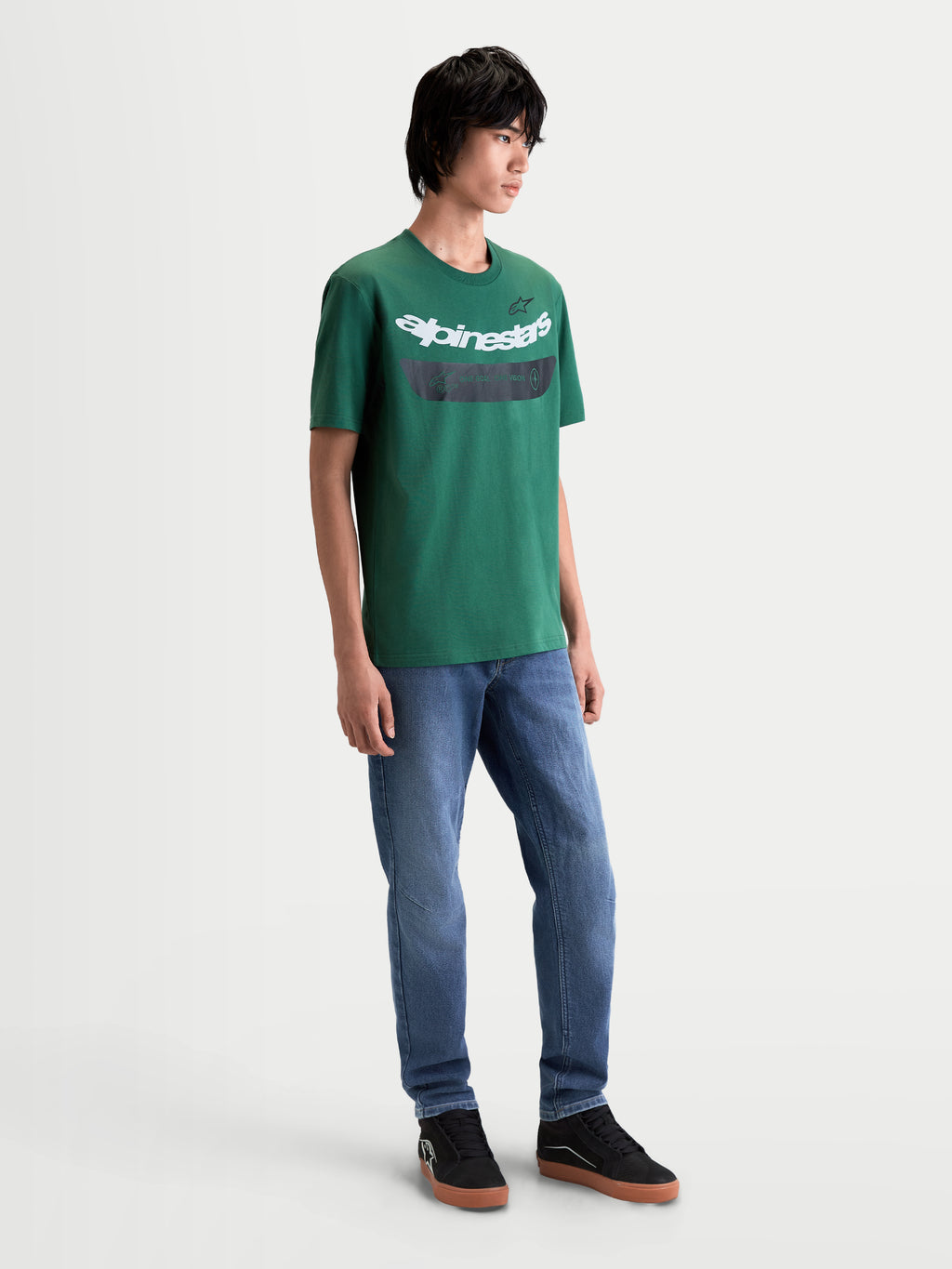 Alpinestars T-Shirt Singular CSF, t-shirt à manches courtes pour homme, vert avec graphique Alpinestars et logo Astars blanc, mélange de coton et polyester, style sportswear décontracté
