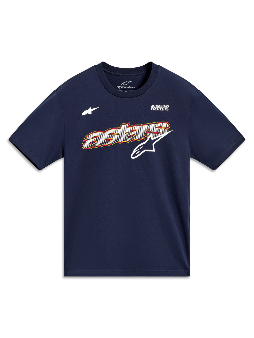 T-shirt Alpinestars Cypress CSF bleu marine à manches courtes, logo Astars au remplissage mesh et slogan Alpinestars Protects.