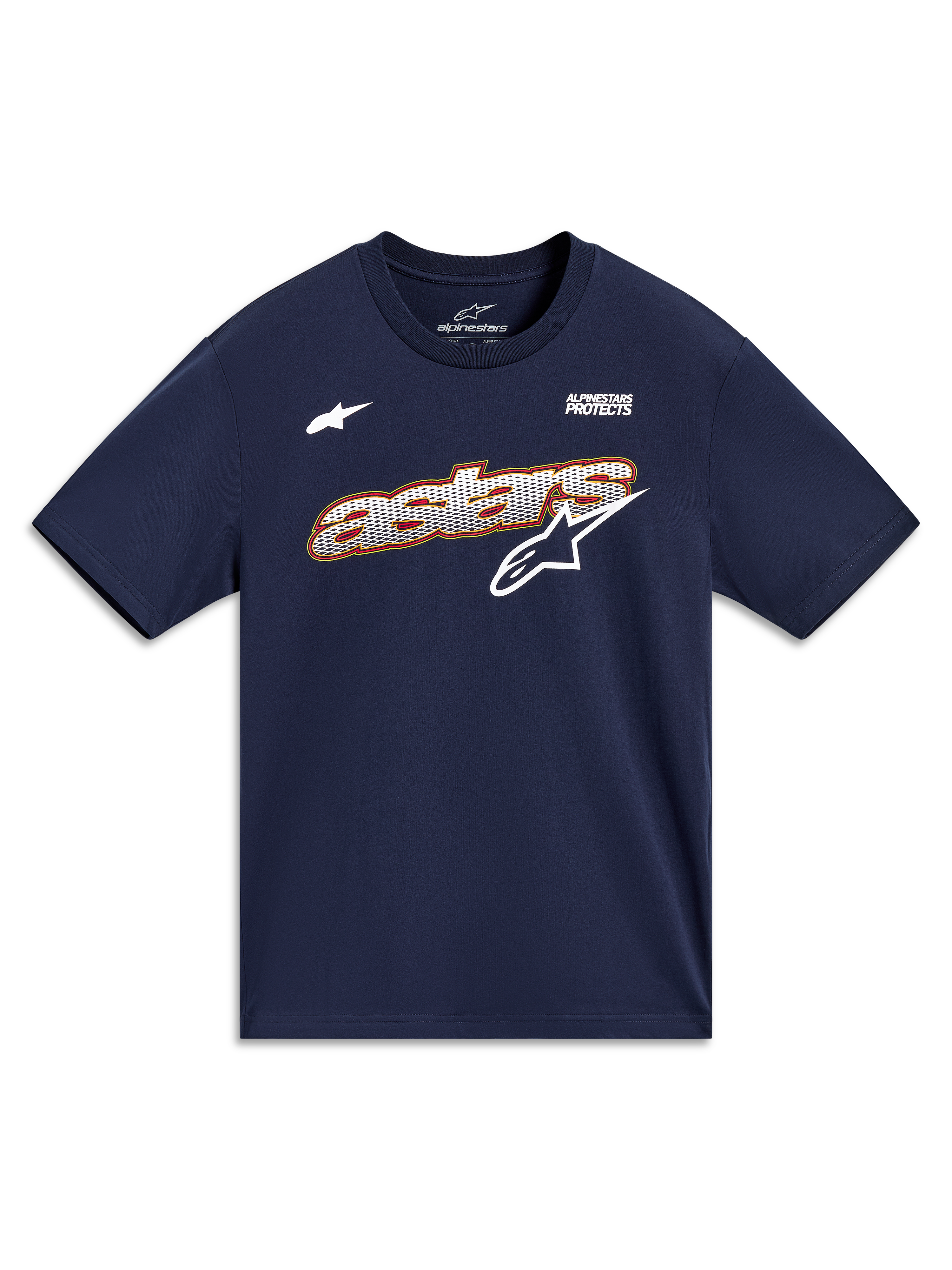 T-shirt Alpinestars Cypress CSF bleu marine à manches courtes, logo Astars au remplissage mesh et slogan Alpinestars Protects.