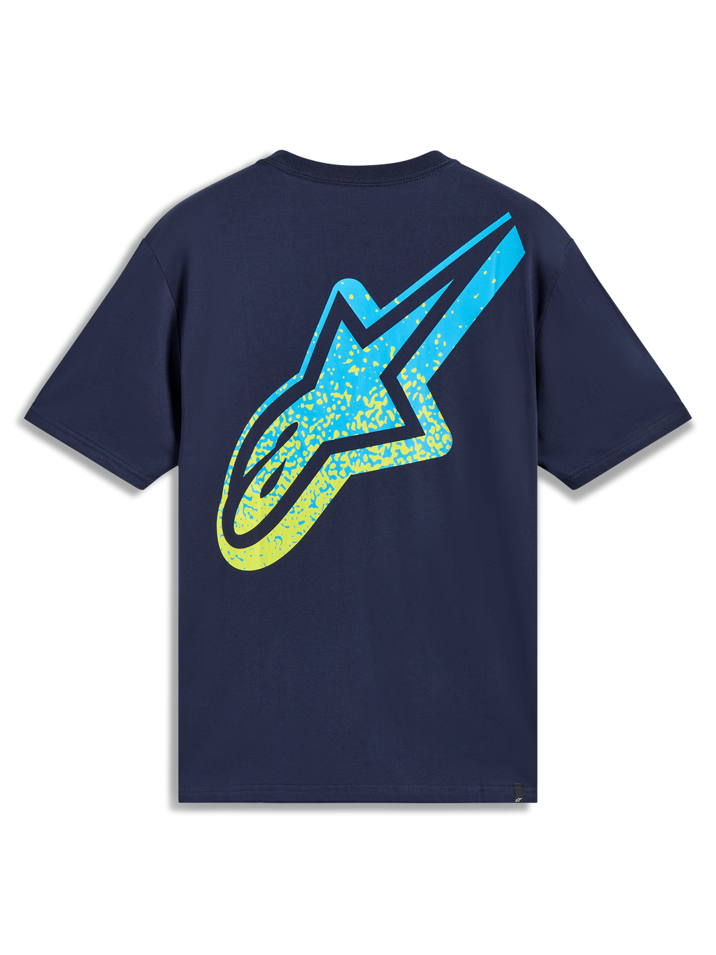 Alpinestars Meteor CSF Tee, t-shirt manches courtes bleu marine, grand logo Astars en dégradé jaune et bleu au dos