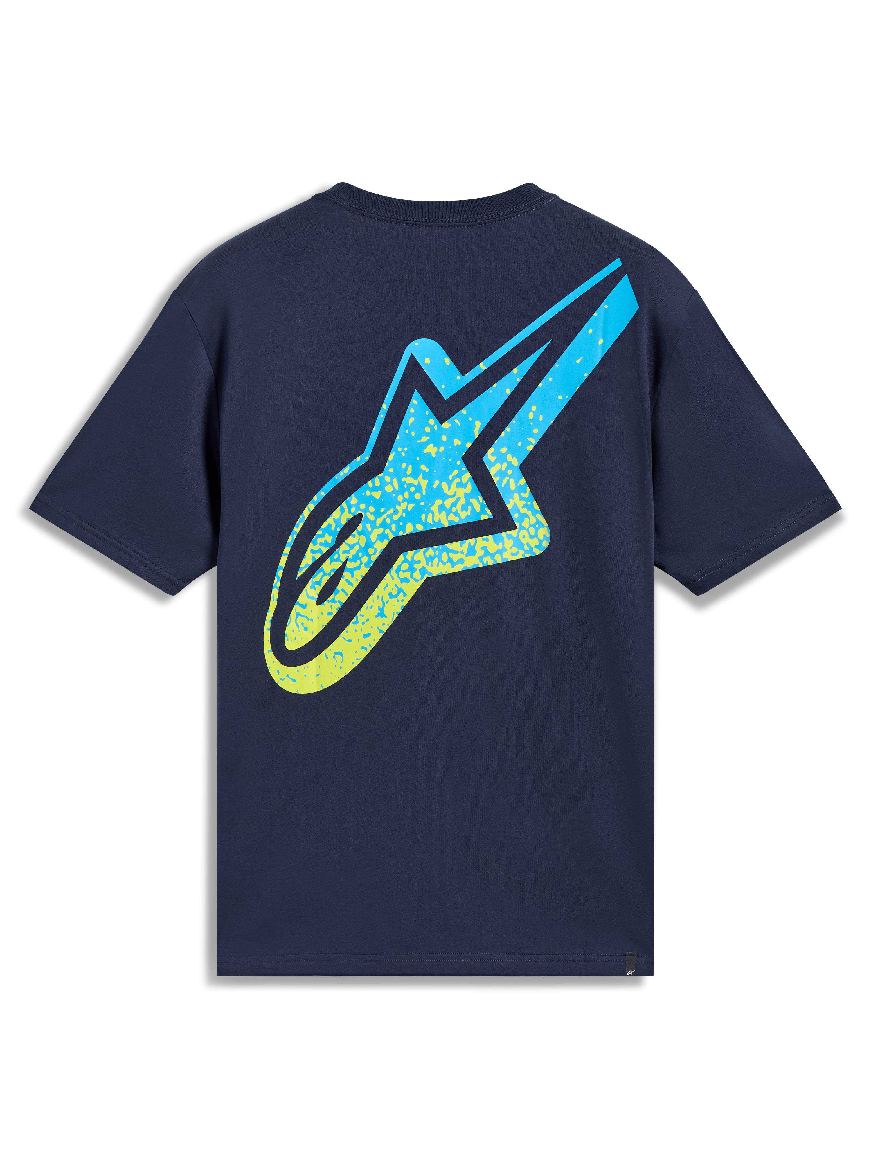 Alpinestars Meteor CSF Tee, t-shirt manches courtes bleu marine, grand logo Astars en dégradé jaune et bleu au dos