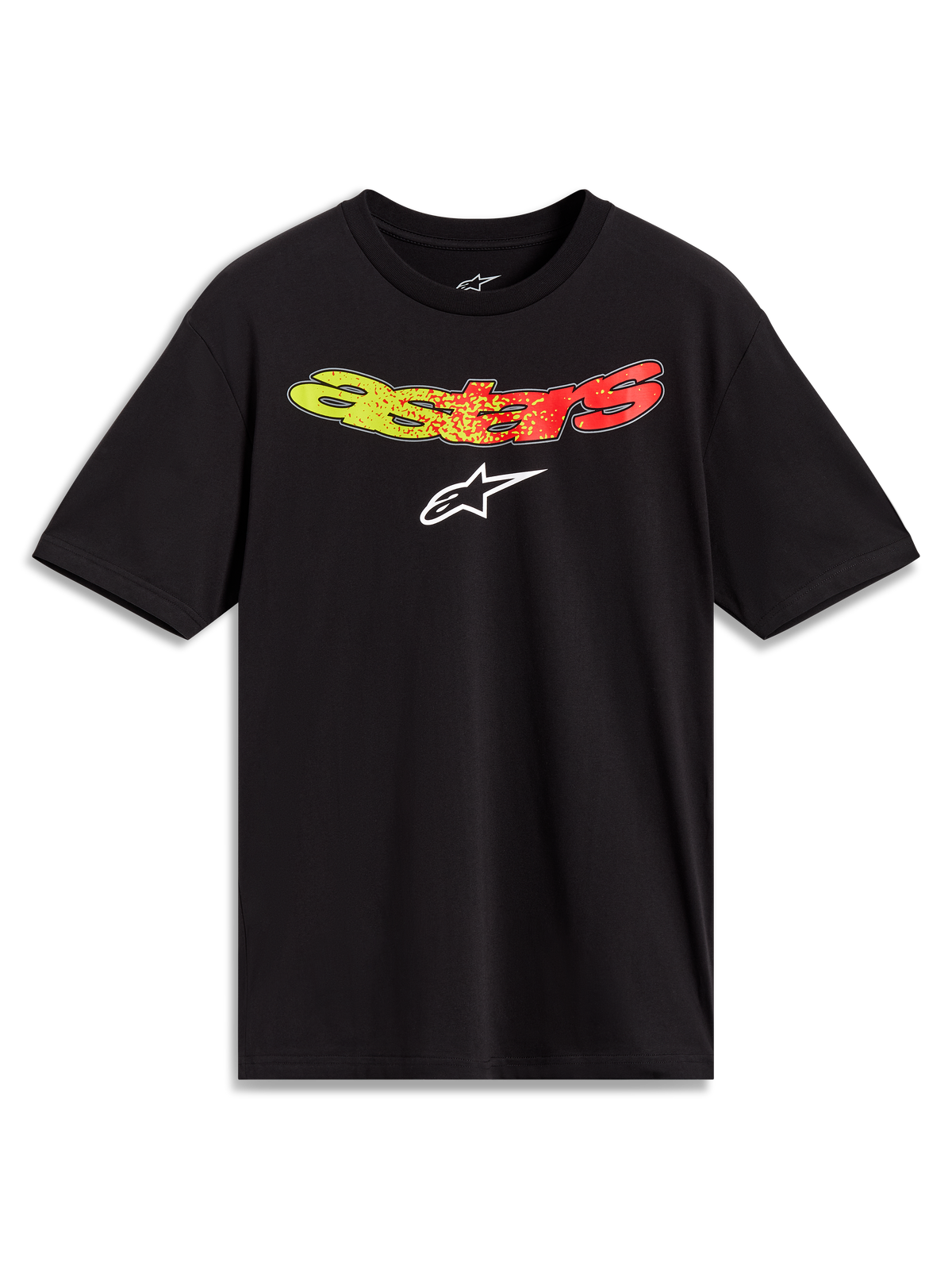 Alpinestars Elliptogrit CSF Tee, black short sleeve t-shirt with yellow and red gradient Astars wordmark.