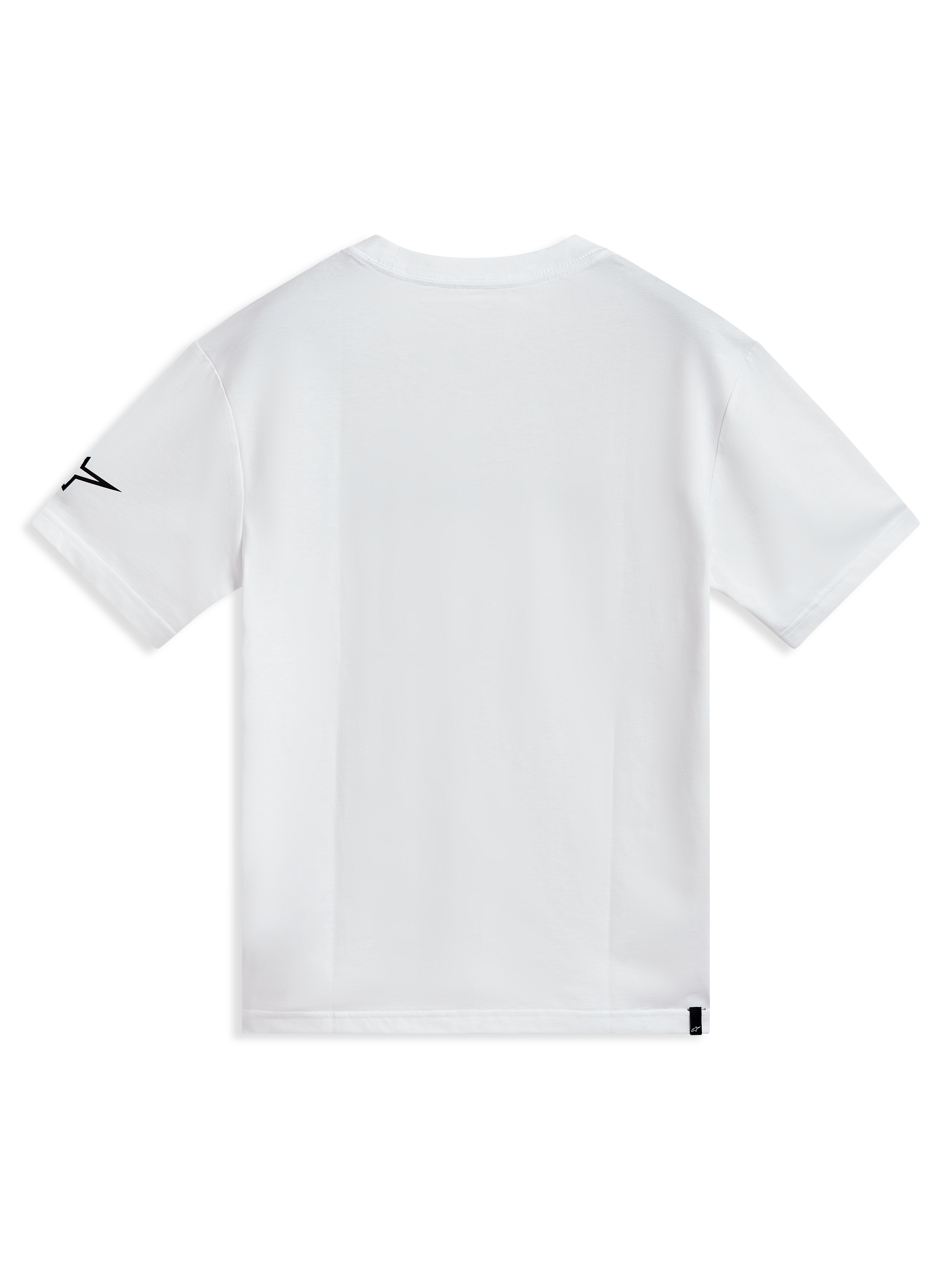 Alpinestars P1 CSF Tee, Short Sleeve Sportswear, White, Soft Cotton Blend, Back View with Black Sleeve Logo and Tag.
