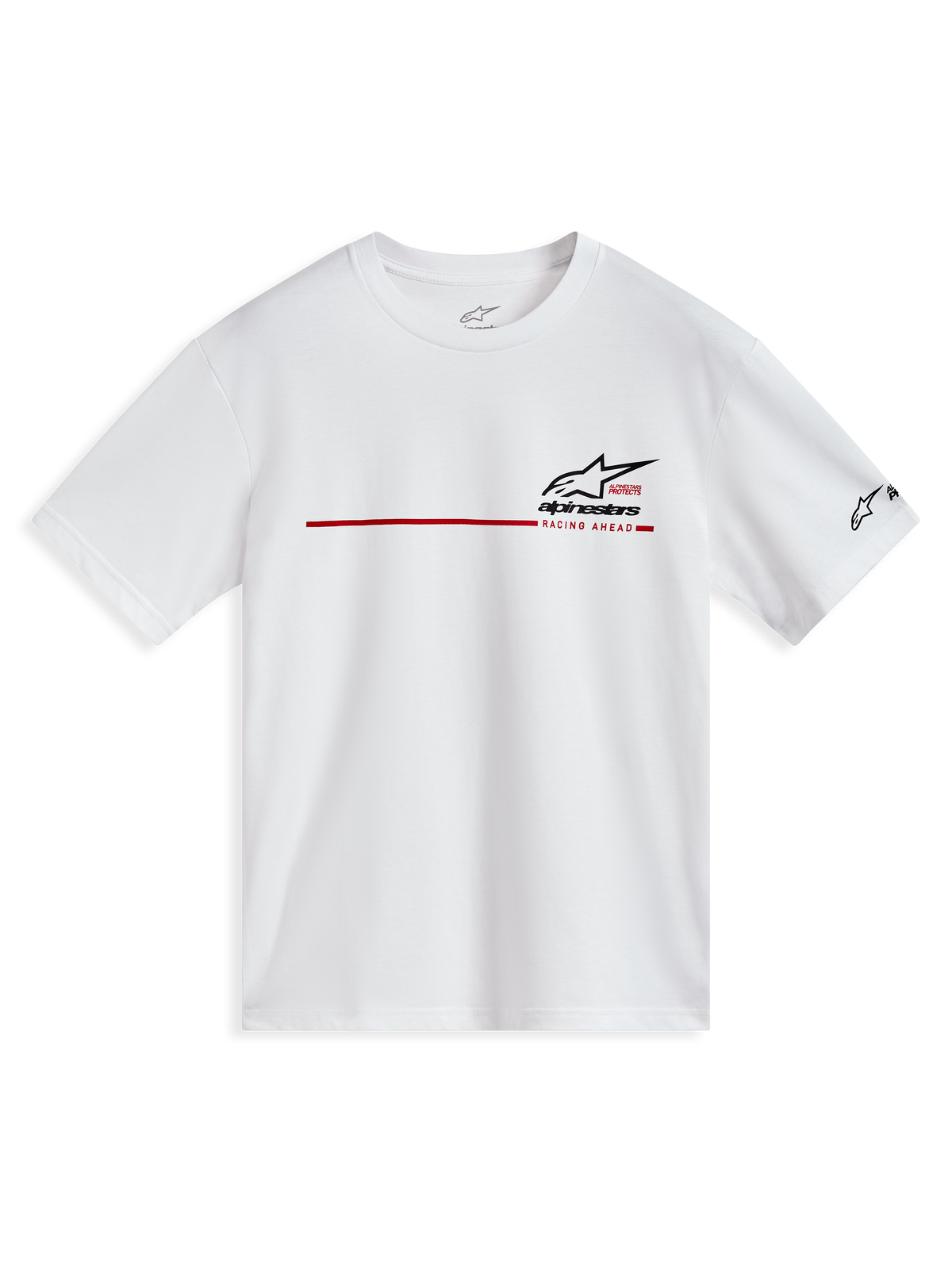 Alpinestars P1 CSF Short Sleeve Tee, White, casual sportswear shirt with red race stripe and black logo graphics.