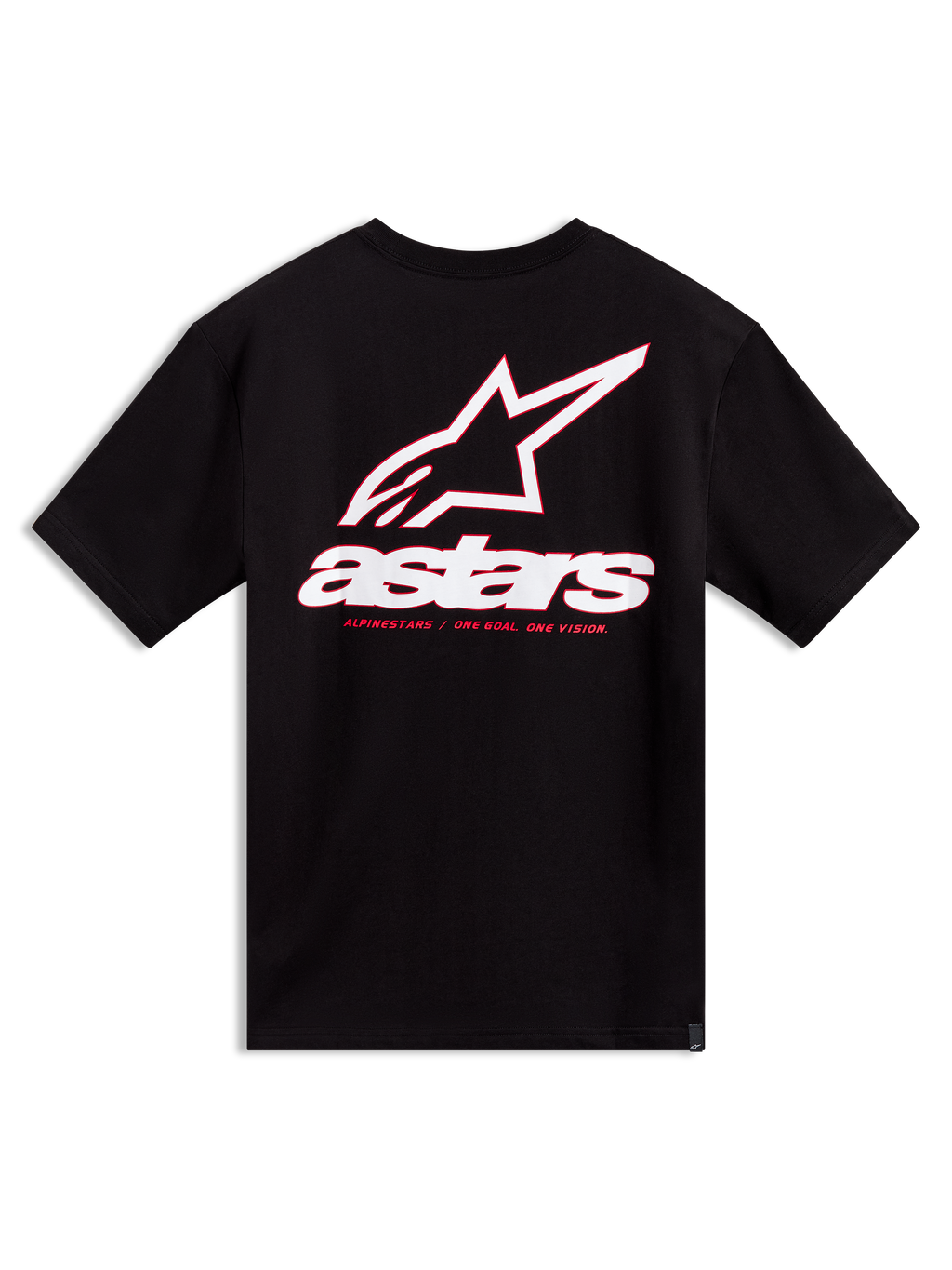 T-shirt Lineout CSF Alpinestars à manches courtes, noir, grand graphique de logo blanc et rouge au dos.