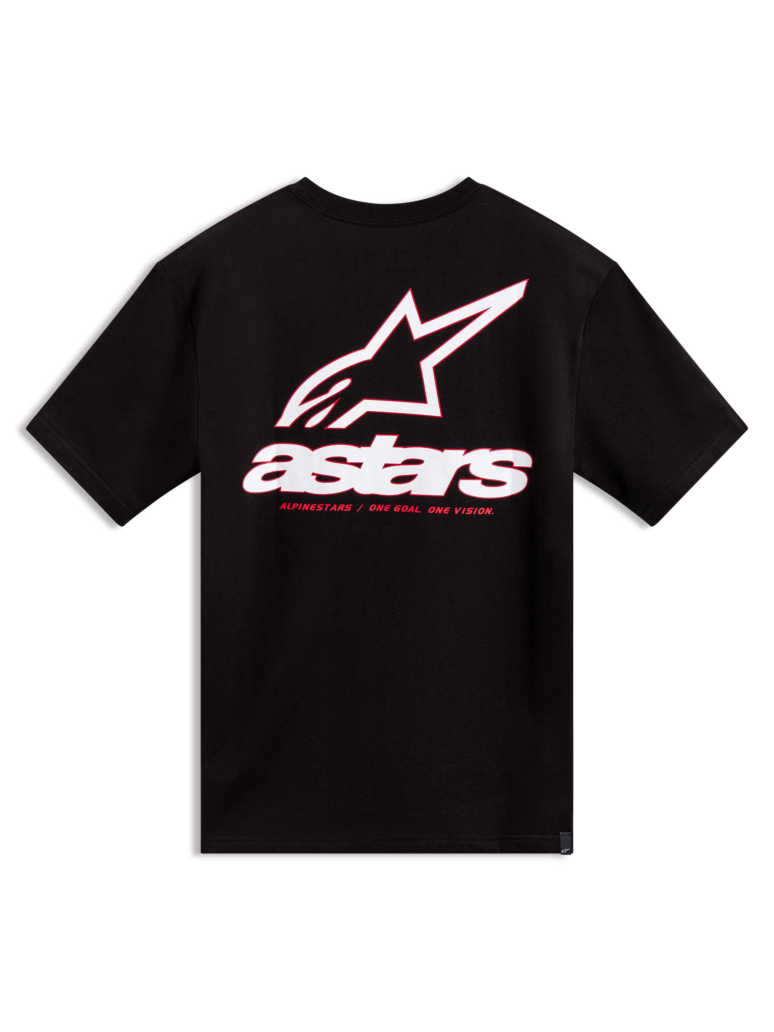 T-shirt Lineout CSF Alpinestars à manches courtes, noir, grand graphique de logo blanc et rouge au dos.