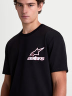 Alpinestars Lineout CSF, t-shirt à manches courtes pour homme, noir avec graphique logo Astars blanc et rouge sur la poitrine, style sportswear décontracté