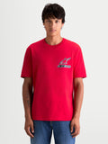 Alpinestars T-Shirt Lineout CSF, t-shirt de sportswear à manches courtes pour homme, rouge avec logo Astars noir et blanc sur la poitrine, vue de face sur modèle, design décontracté à col rond, matière en coton et polyester