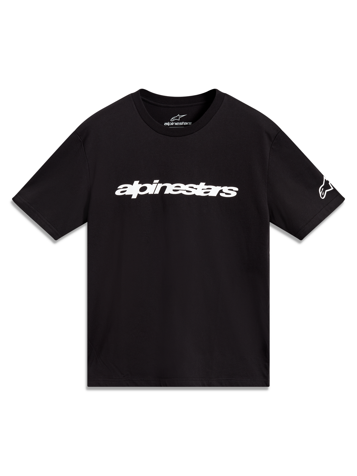 Alpinestars Race Wordmark CSF Tee, black short-sleeve sportswear shirt featuring a white linear logo and sleeve graphic.