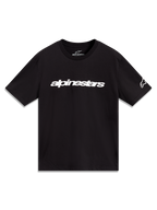 Alpinestars Race Wordmark CSF, t-shirt de sportswear noir à manches courtes, logo linéaire blanc et graphique sur la manche.