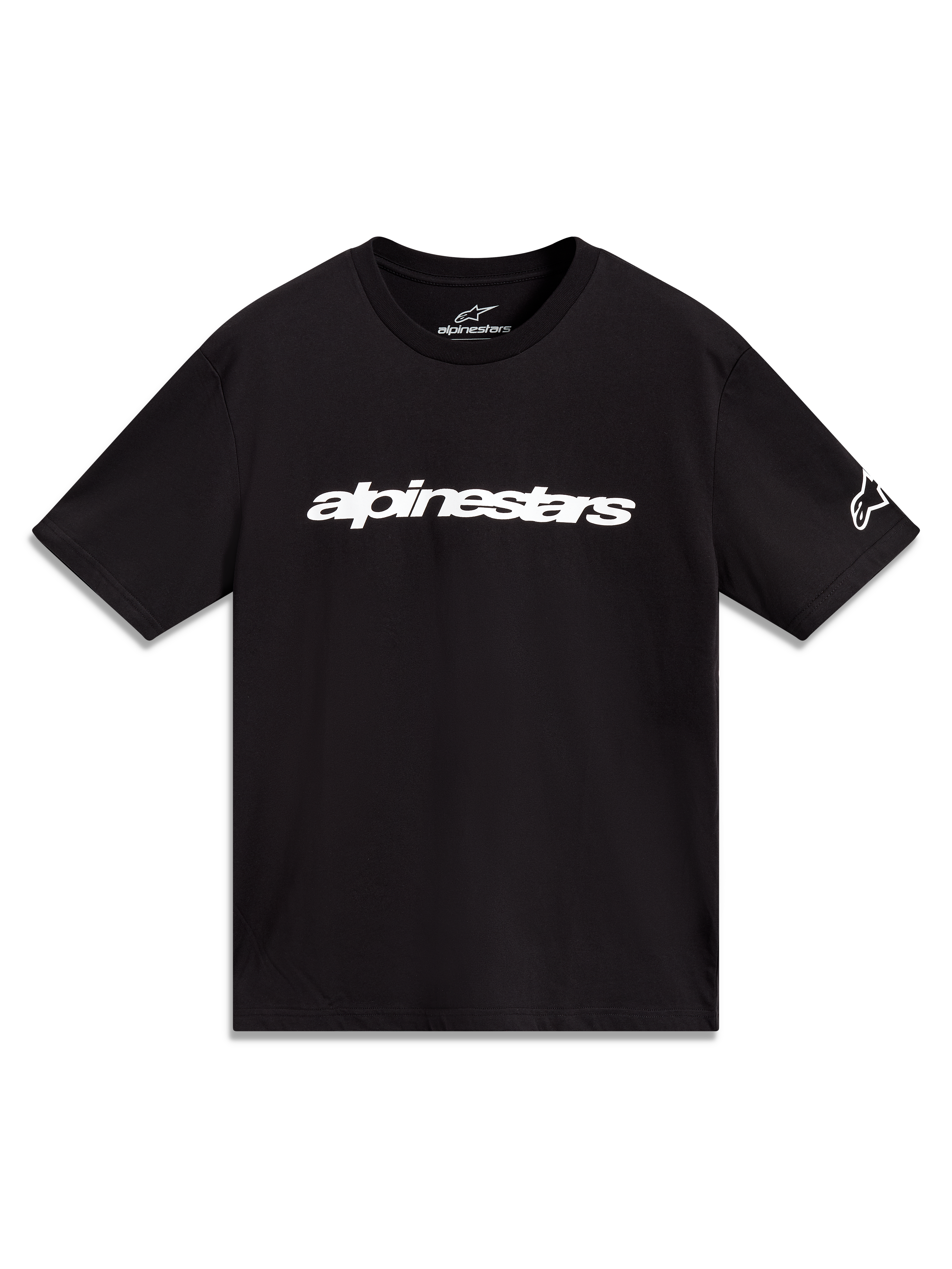 Alpinestars Race Wordmark CSF, t-shirt de sportswear noir à manches courtes, logo linéaire blanc et graphique sur la manche.
