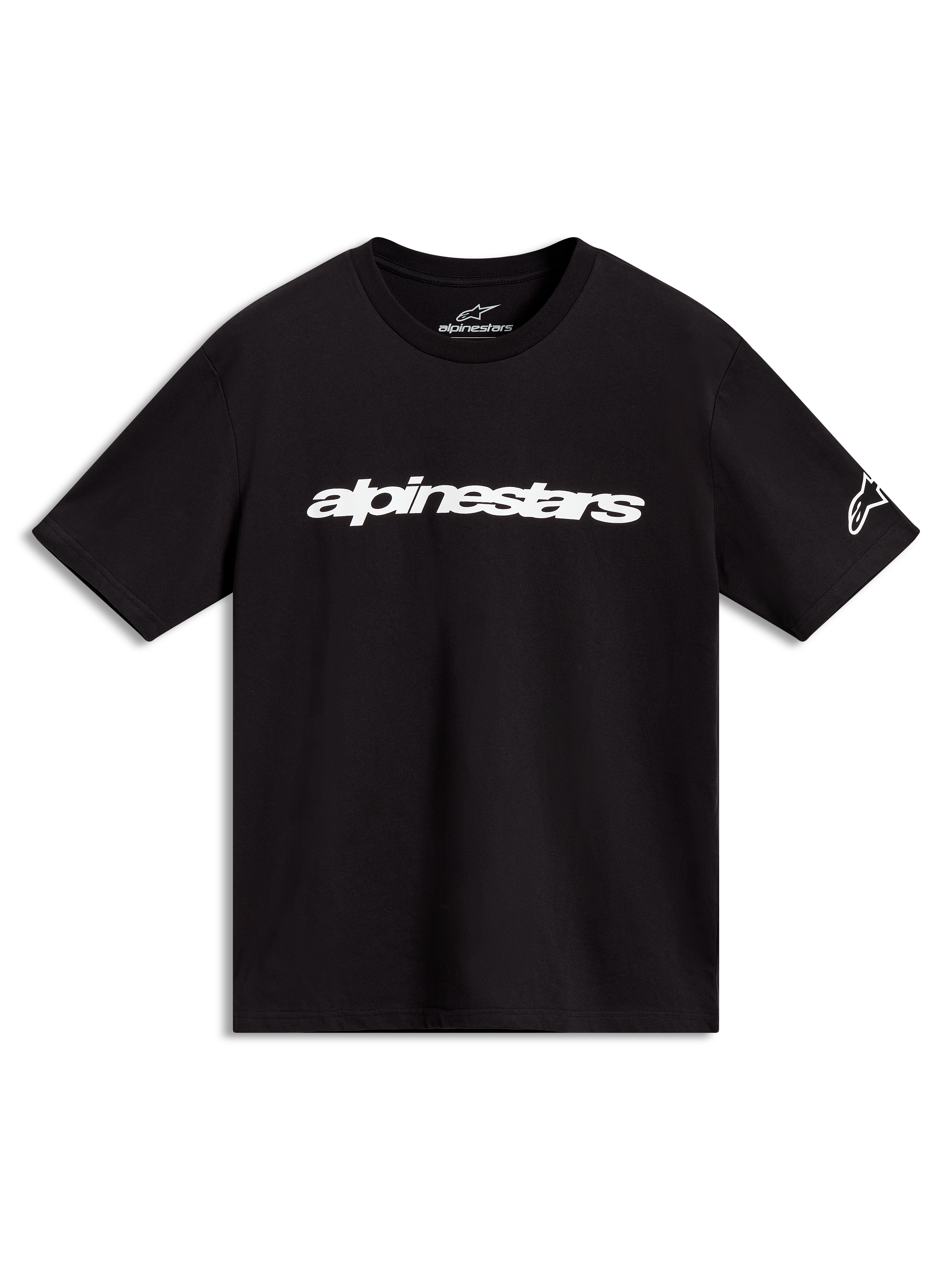 Alpinestars Race Wordmark CSF Tee, t-shirt à manches courtes noir avec logo linéaire blanc sur la poitrine, style sportswear.