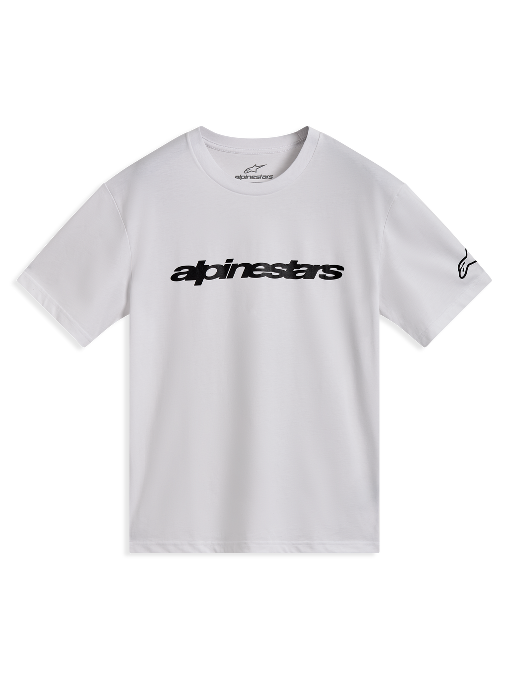 Alpinestars Race Wordmark CSF Tee, t-shirt blanc à manches courtes avec logo linéaire noir et logo Ageless sur la manche.