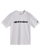 Alpinestars Race Wordmark CSF Tee, t-shirt blanc à manches courtes avec logo linéaire noir et logo Ageless sur la manche.