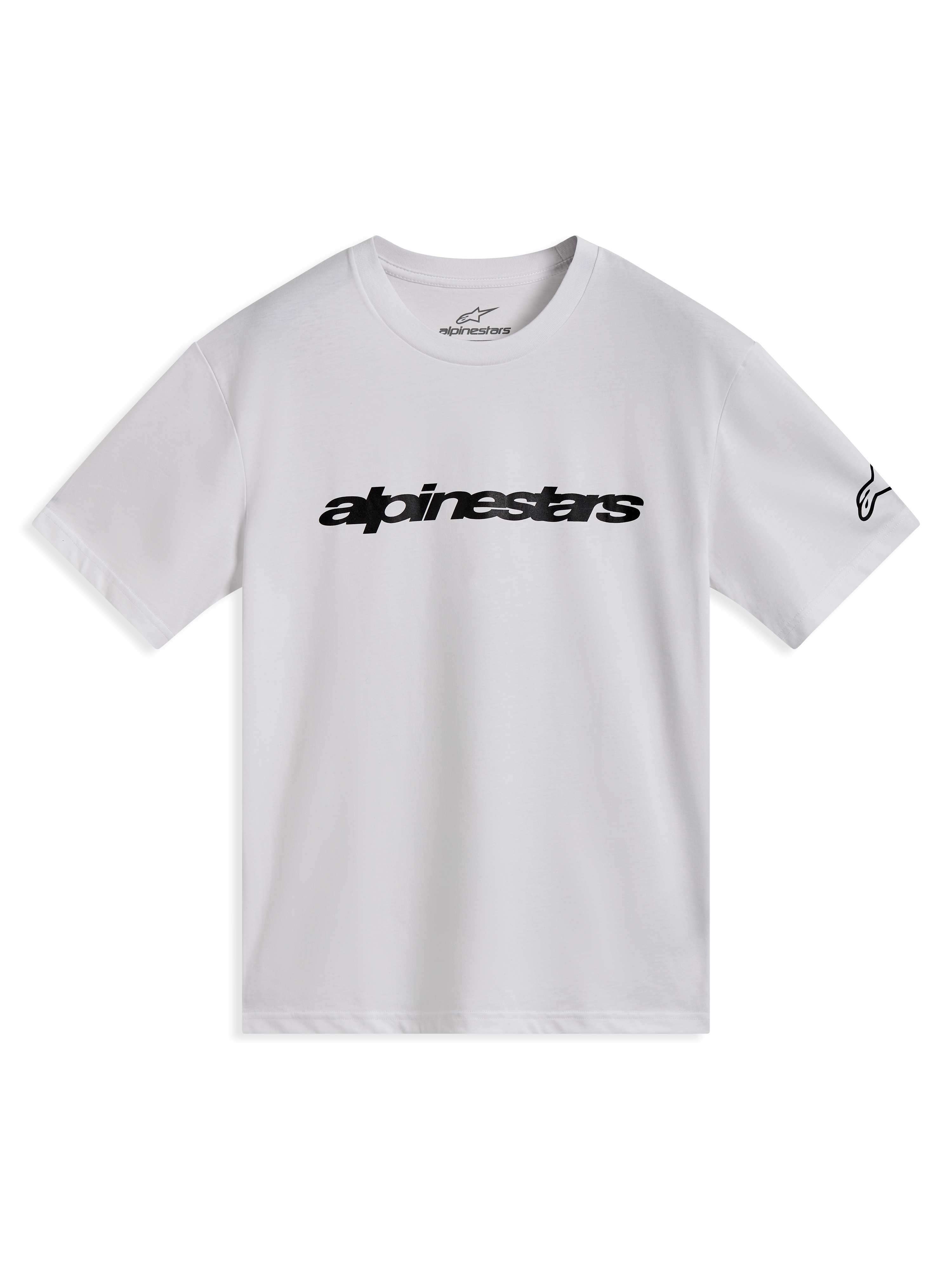 Alpinestars Race Wordmark CSF Tee, t-shirt blanc à manches courtes avec logo linéaire noir et logo Ageless sur la manche.