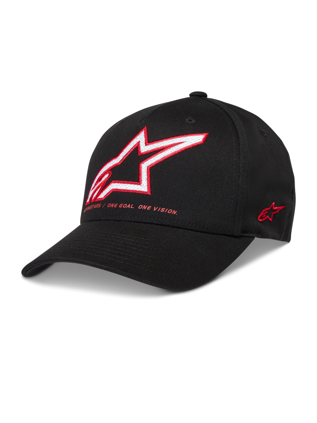 Alpinestars Lineout, casquette de type baseball en sergé noire, logo Astars brodé rouge et blanc, visière incurvée et couronne structurée, style sportswear