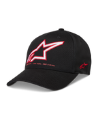 Alpinestars Lineout, casquette de type baseball en sergé noire, logo Astars brodé rouge et blanc, visière incurvée et couronne structurée, style sportswear