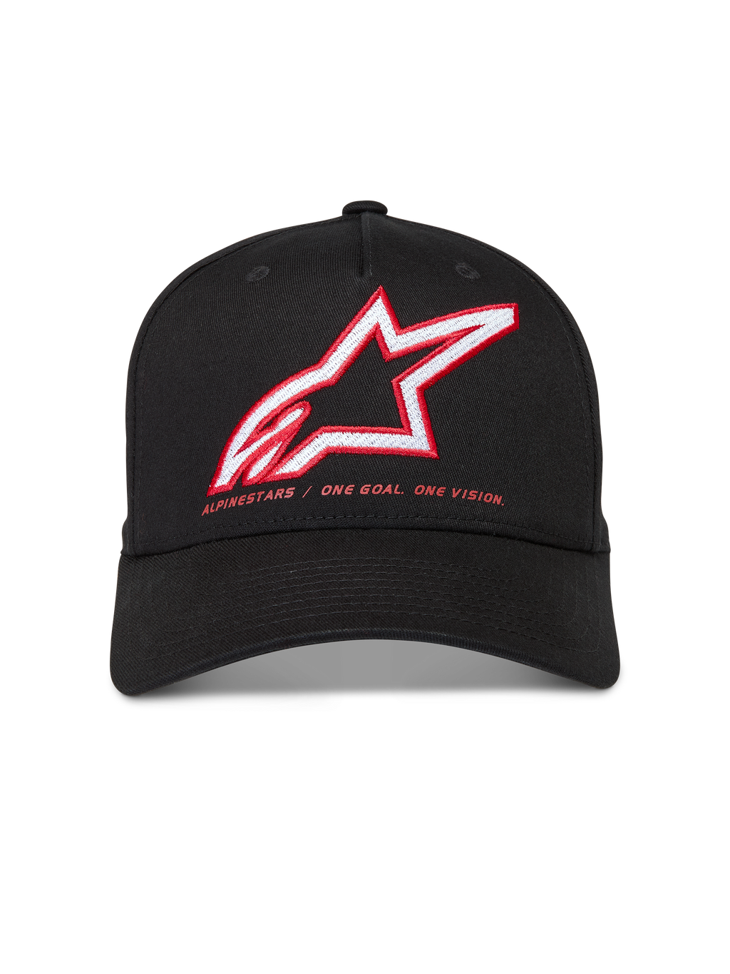 Alpinestars Lineout Casquette, casquette noire en sergé structuré avec visière incurvée, logo Astars brodé rouge et blanc et devise de la marque.