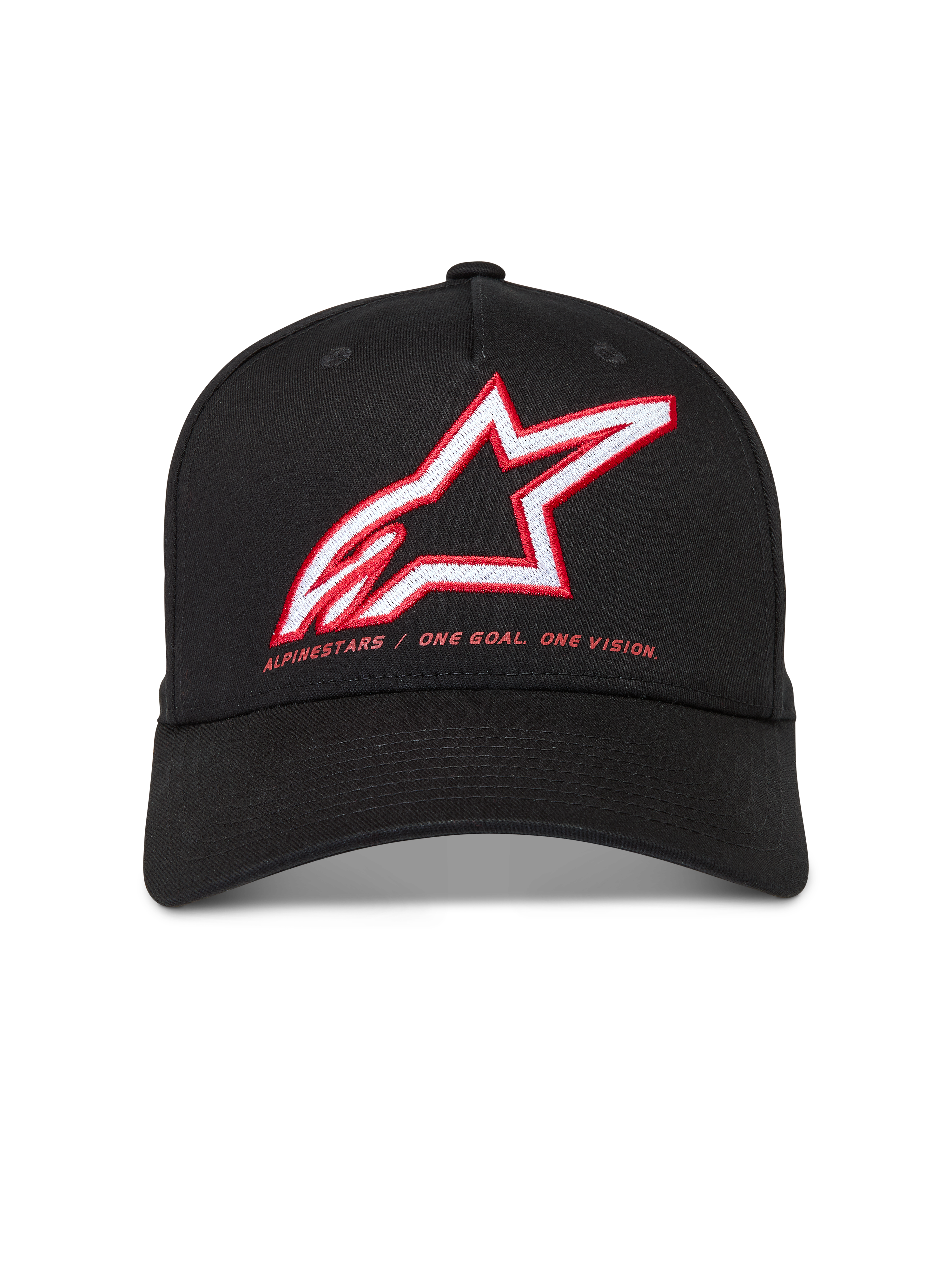 Alpinestars Lineout Casquette, casquette noire en sergé structuré avec visière incurvée, logo Astars brodé rouge et blanc et devise de la marque.
