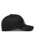 Alpinestars Lineout, casquette noire à visière incurvée, logo rouge et blanc, couronne structurée en sergé, vue latérale