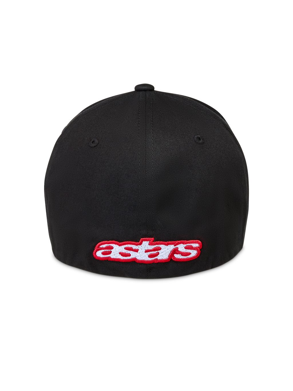 Alpinestars Lineout, casquette de sportswear noire avec dos flexible, logo Astars brodé en rouge et blanc à l'arrière, vue de dos.