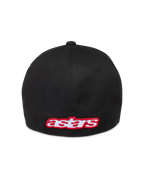 Alpinestars Lineout, casquette de sportswear noire avec dos flexible, logo Astars brodé en rouge et blanc à l'arrière, vue de dos.