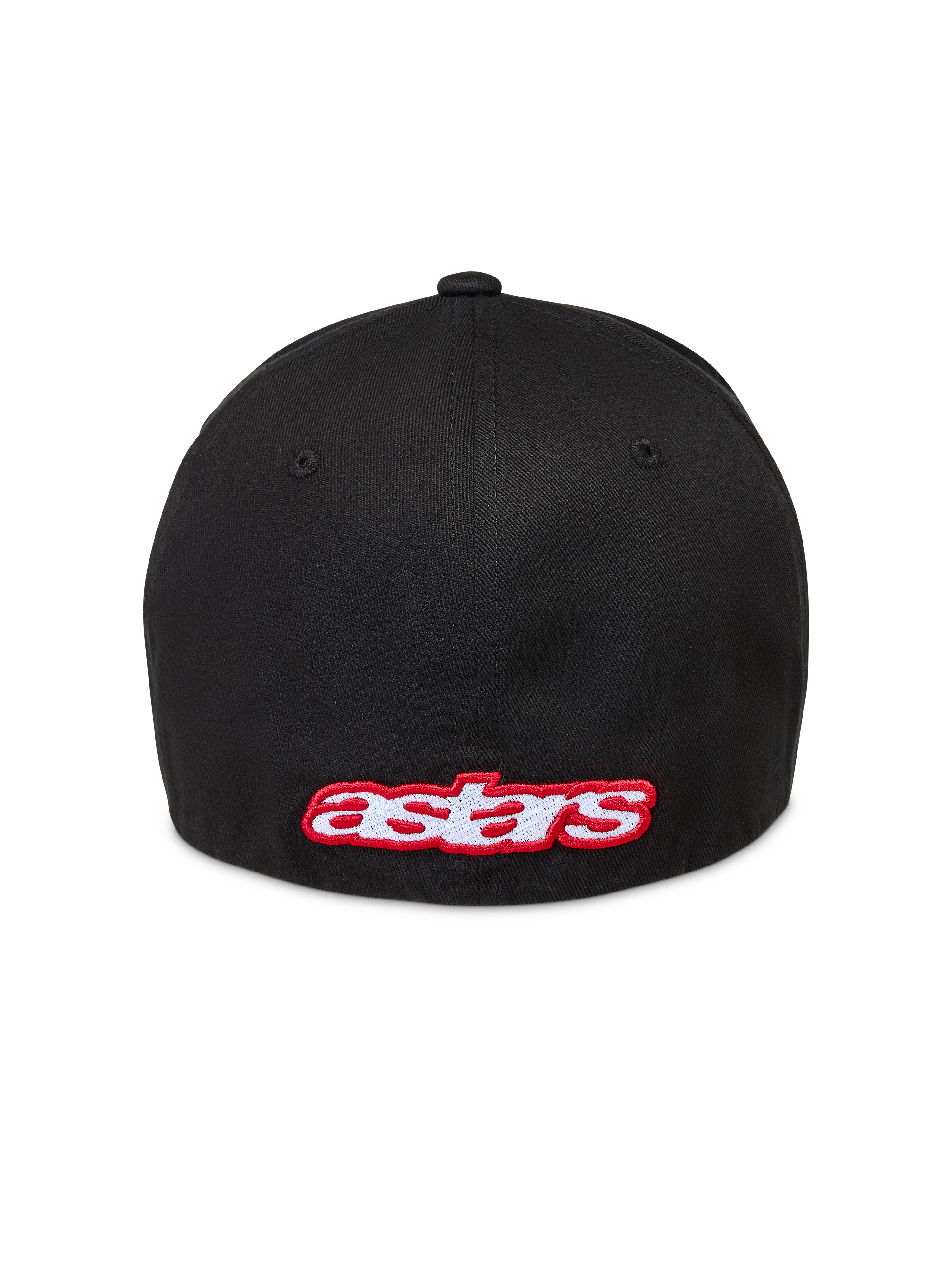 Alpinestars Lineout, casquette de sportswear noire avec dos flexible, logo Astars brodé en rouge et blanc à l'arrière, vue de dos.