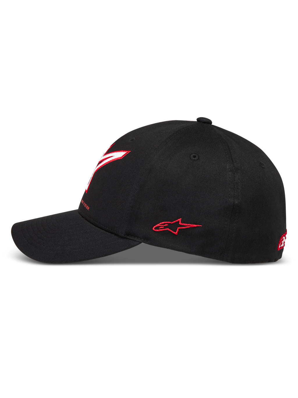 Alpinestars Lineout Casquette, casquette de motorsport en sergé noir, visière incurvée, logos brodés rouges et blancs