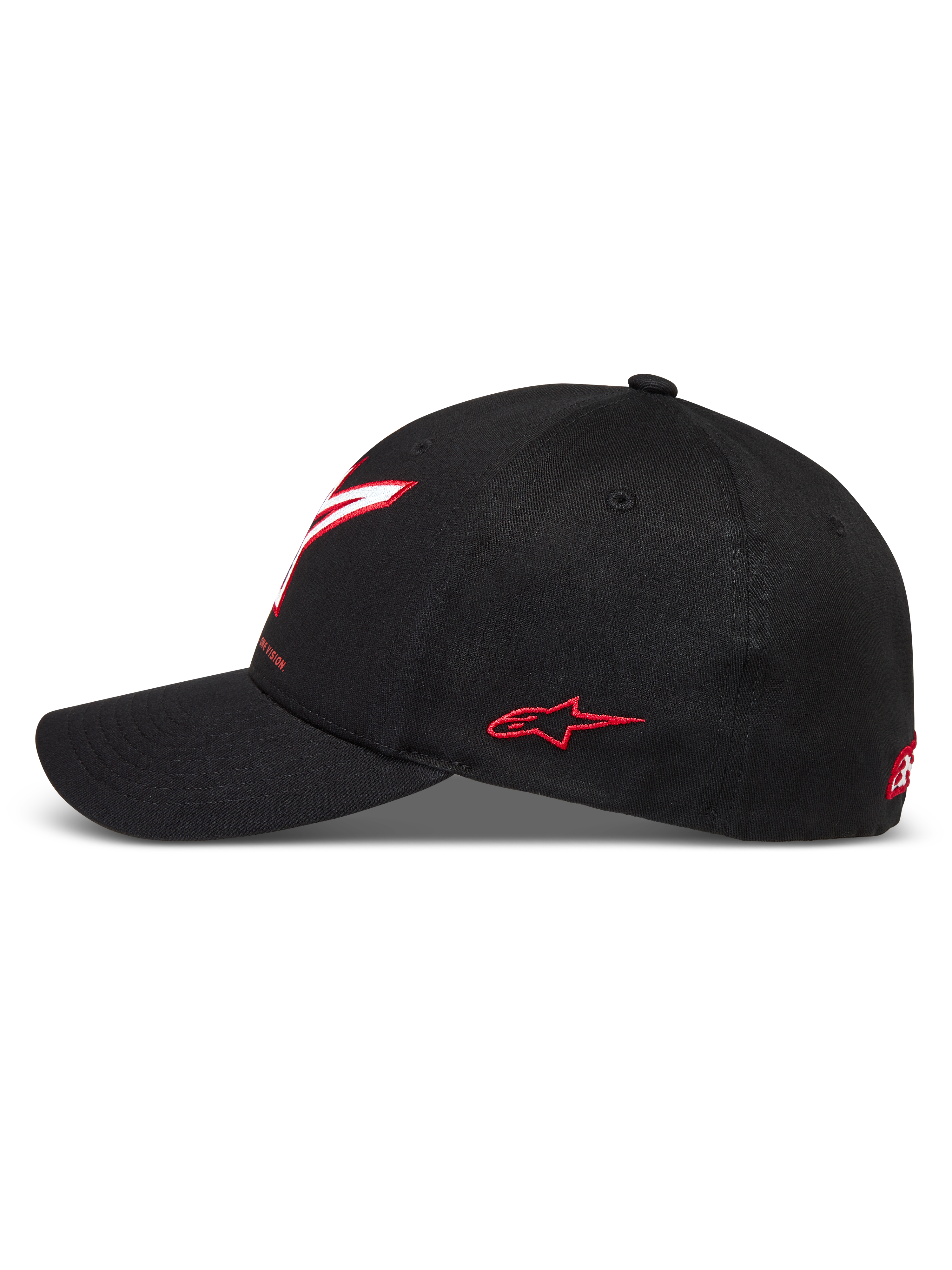 Alpinestars Lineout Casquette, casquette de motorsport en sergé noir, visière incurvée, logos brodés rouges et blancs