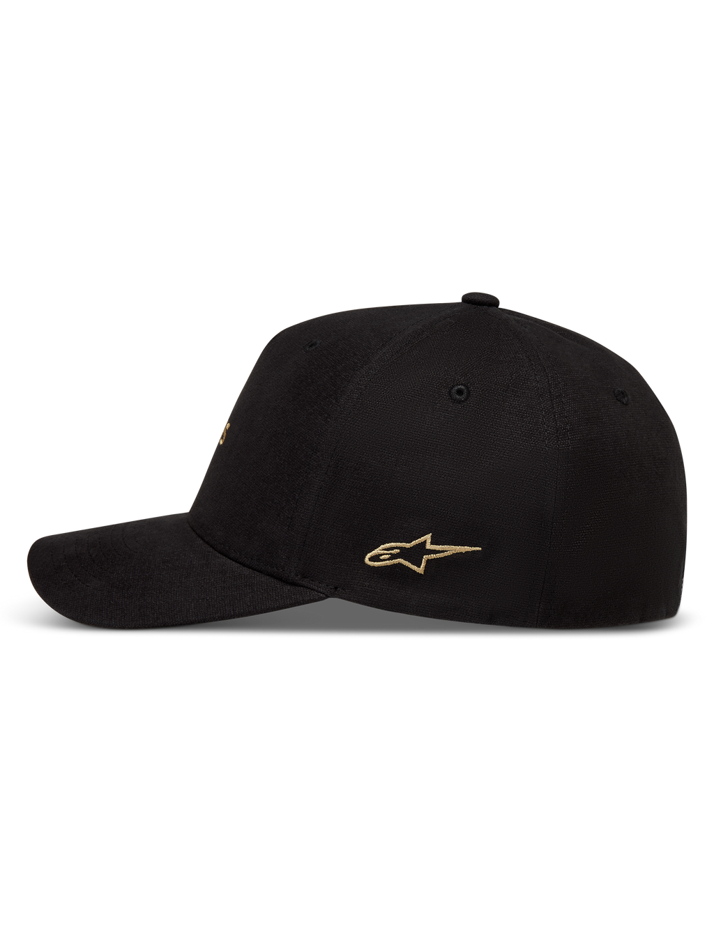 Alpinestars County Canvas, casquette de sport noire, logo Astars doré brodé, visière courbée et couronne structurée.