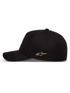 Alpinestars County Canvas, casquette de sport noire, logo Astars doré brodé, visière courbée et couronne structurée.