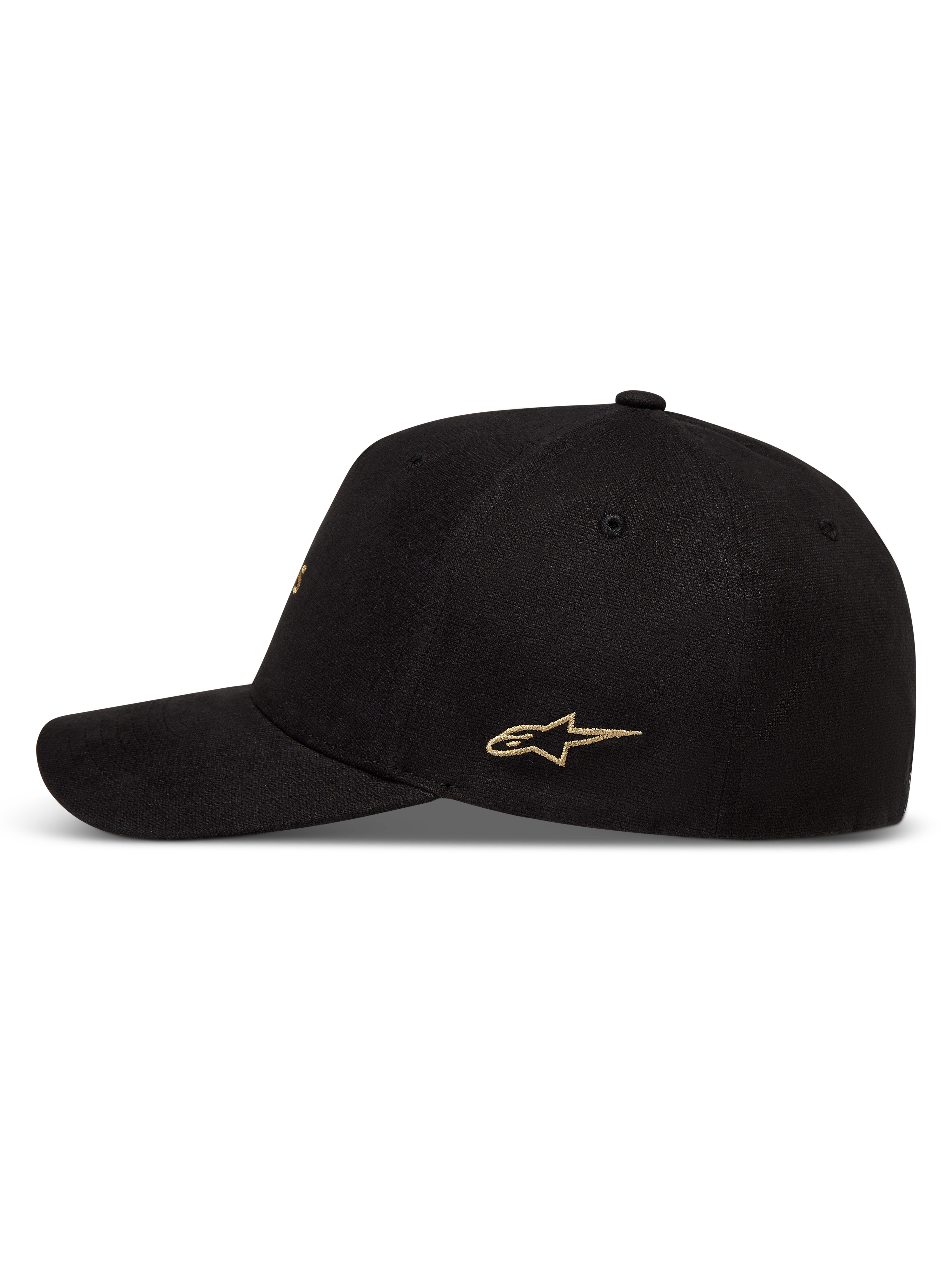 Alpinestars County Canvas, casquette de sport noire, logo Astars doré brodé, visière courbée et couronne structurée.