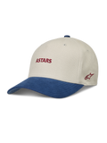 Alpinestars County Canvas hoed, zandkleurige en blauwe sportswear pet met gebogen klep en rood Astars-logo.