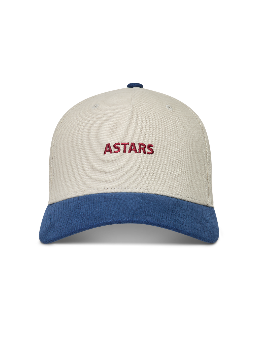 Alpinestars County Canvas hoed, zandkleurige en blauwe sportpet met rood geborduurd logo en gebogen klep.