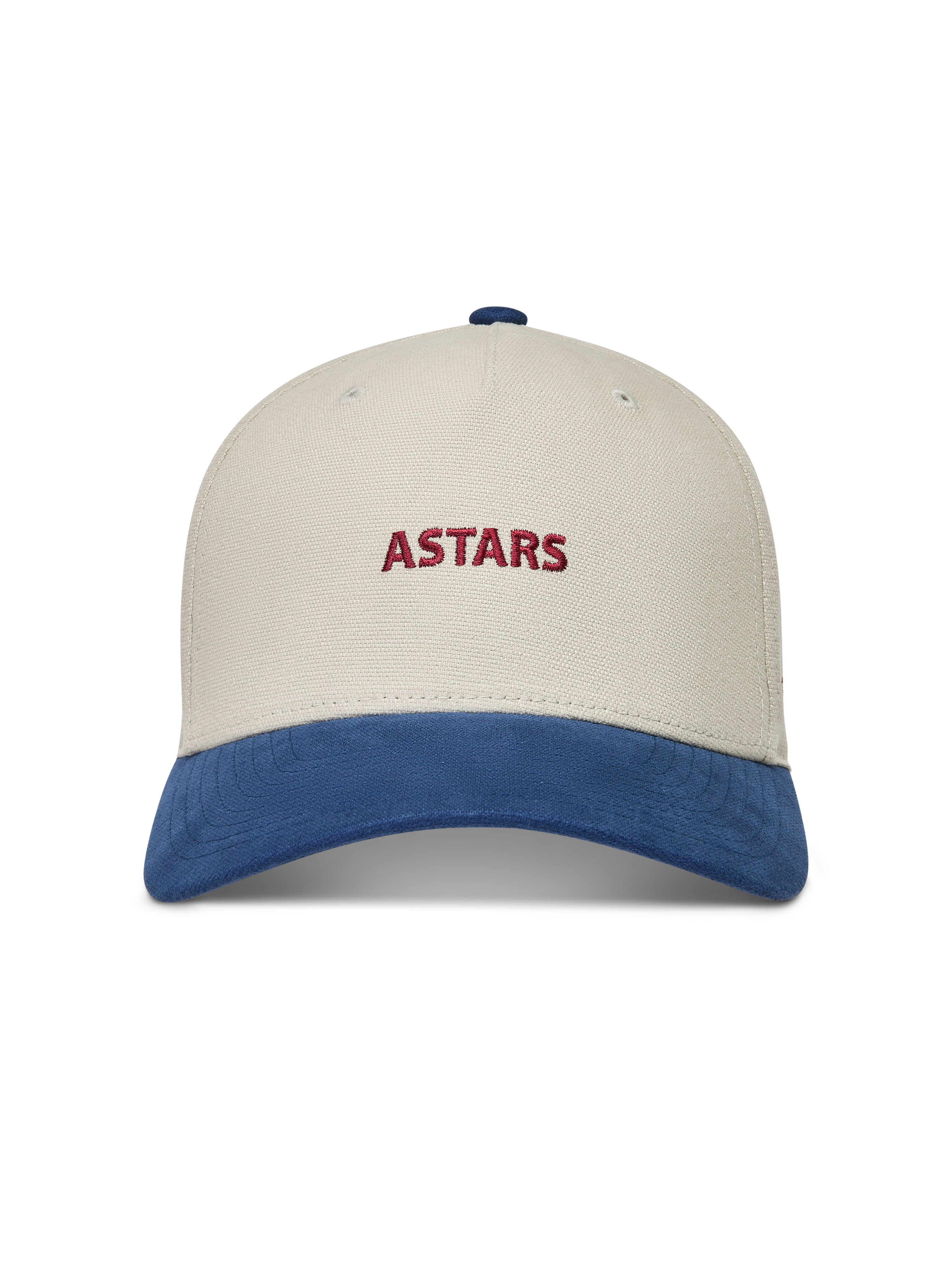 Alpinestars County Canvas hoed, zandkleurige en blauwe sportpet met rood geborduurd logo en gebogen klep.