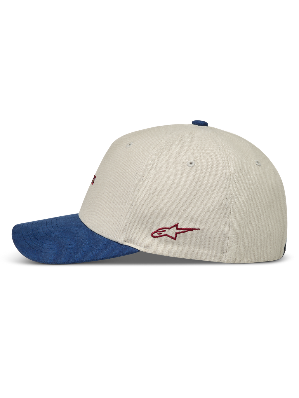 Alpinestars County Canvas hoed, sportpet in zand en blauw met gebogen klep en rood logo, zijaanzicht.