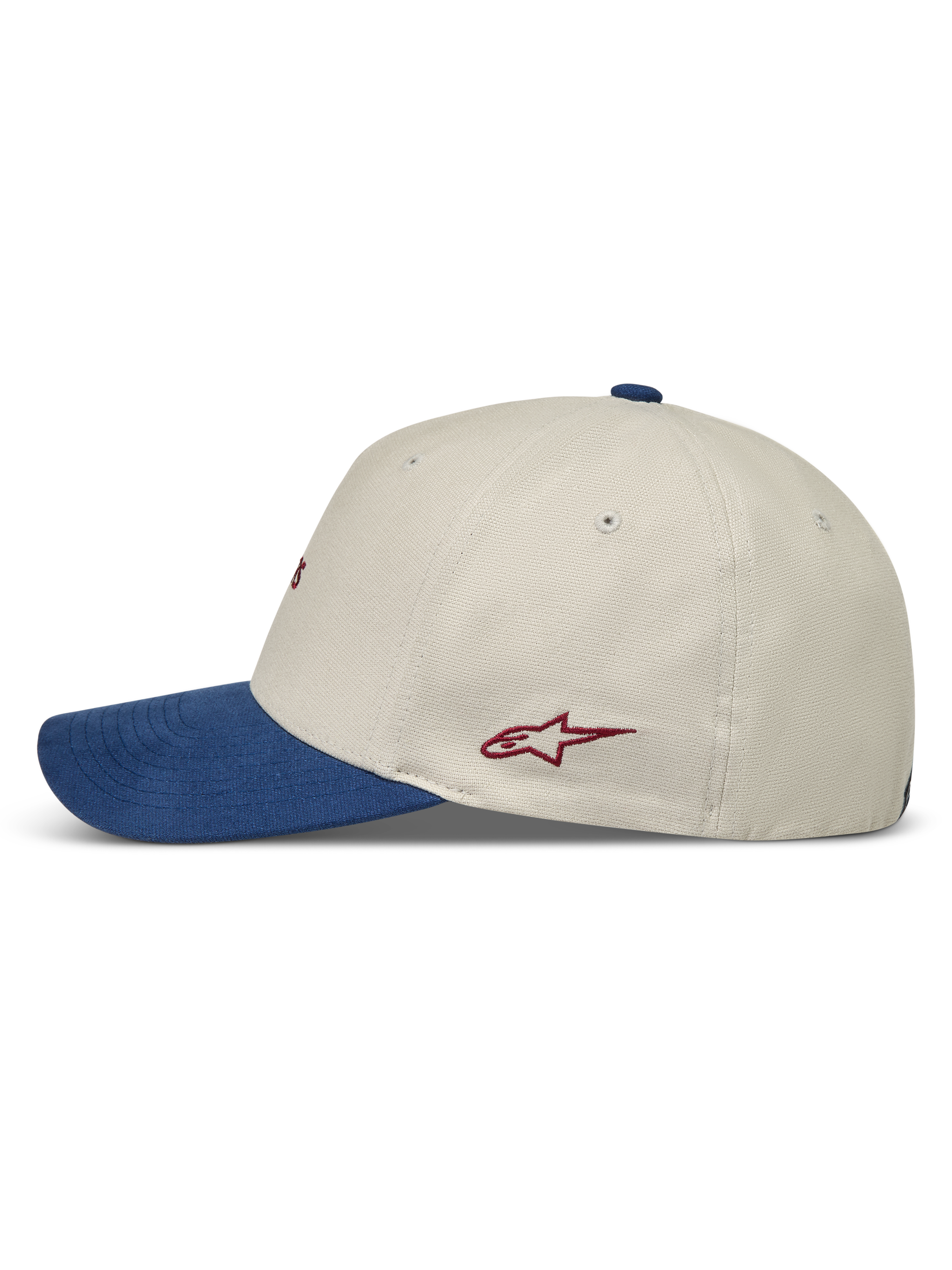 Alpinestars County Canvas hoed, sportpet in zand en blauw met gebogen klep en rood logo, zijaanzicht.