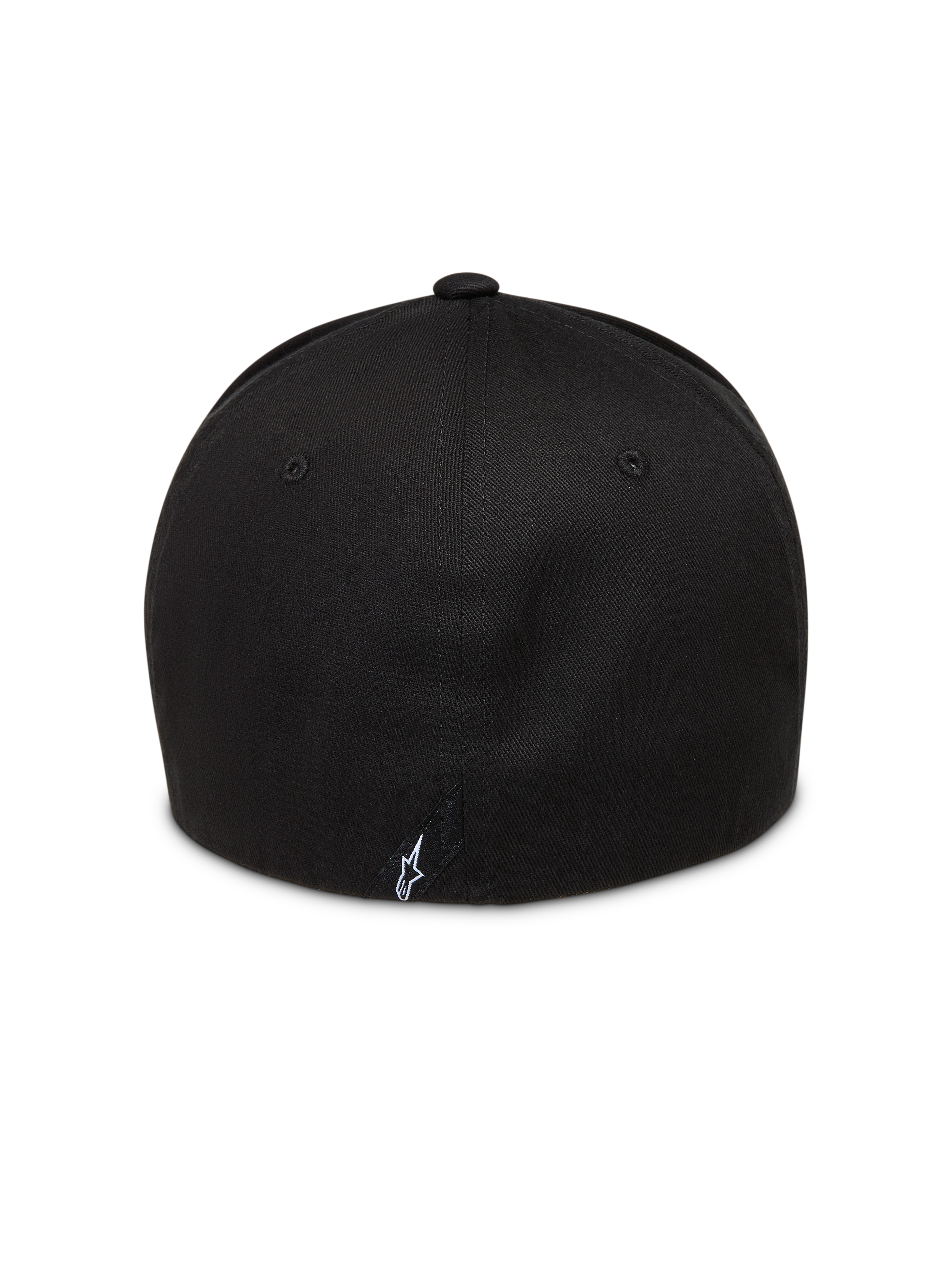 Alpinestars Maze Casquette, casquette de sportswear noire, vue arrière montrant le dos flexible avec un petit logo Astars blanc, confectionnée en sergé.