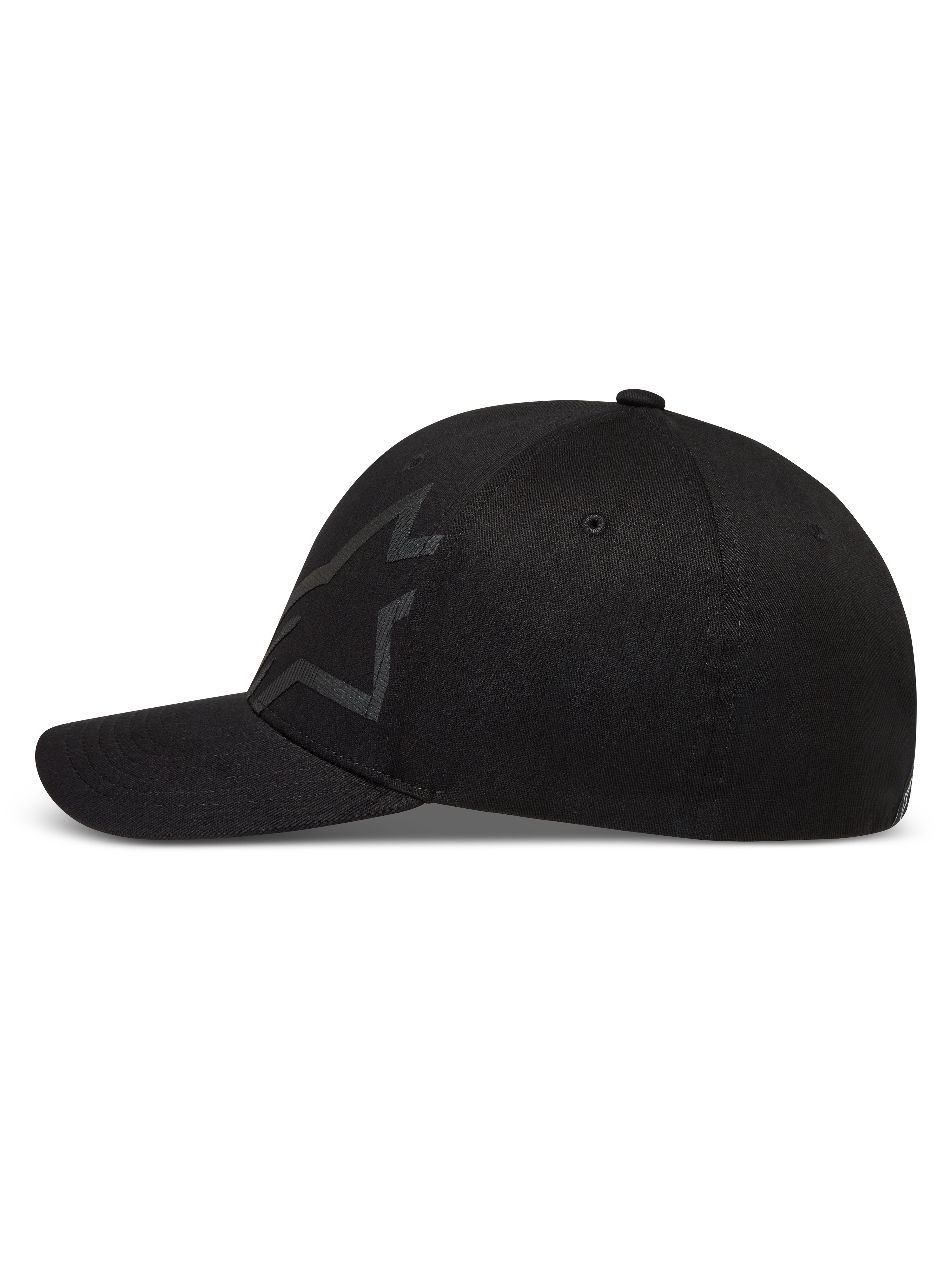 Alpinestars Maze Casquette, casquette sportswear à visière incurvée, noire, tissu en sergé avec logo Astars texturé et couronne structurée, vue de profil