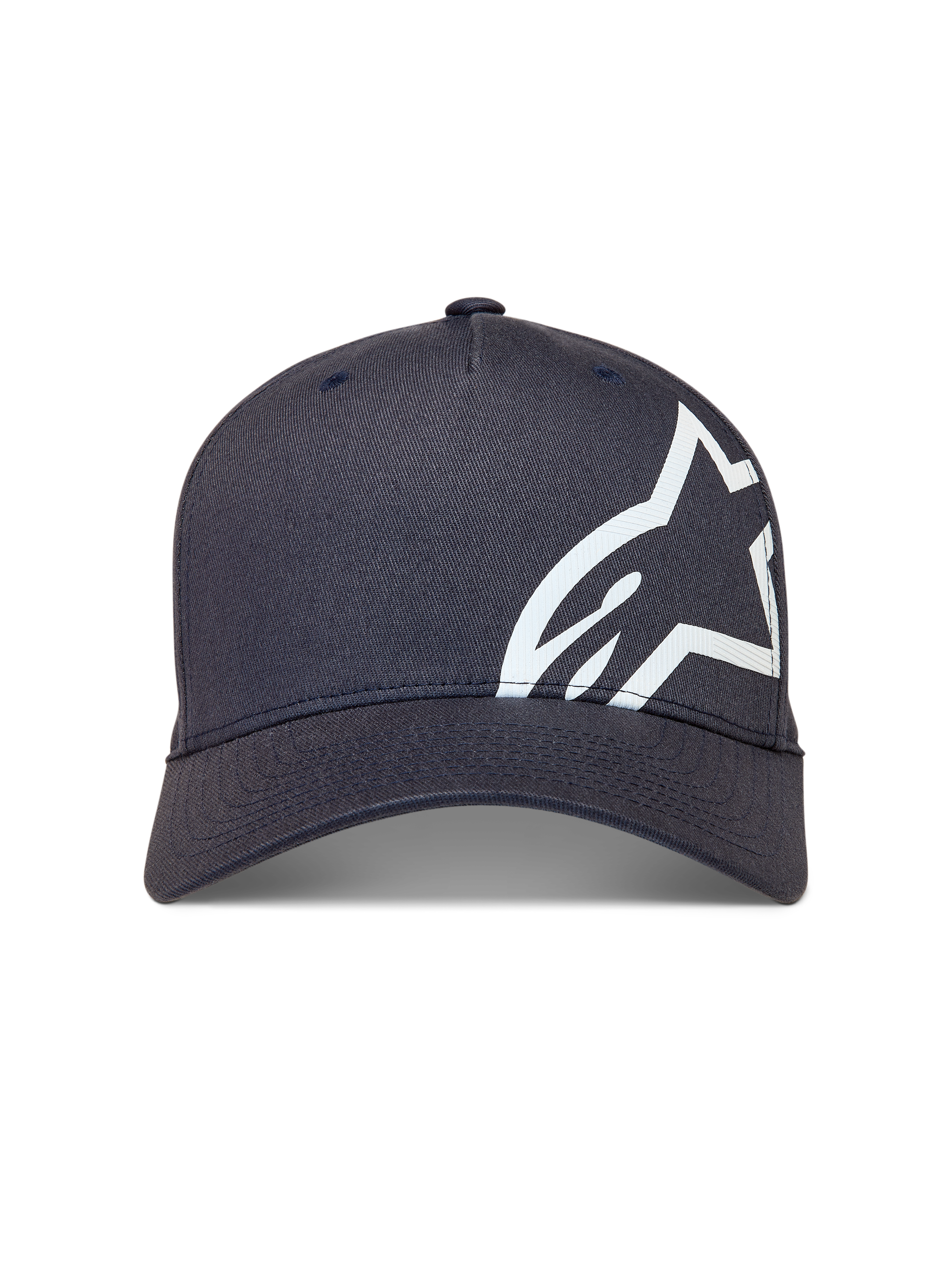 Alpinestars Maze hoed, donkergrijze sportswear baseballpet met gebogen klep en groot wit getextureerd Astars-logo.